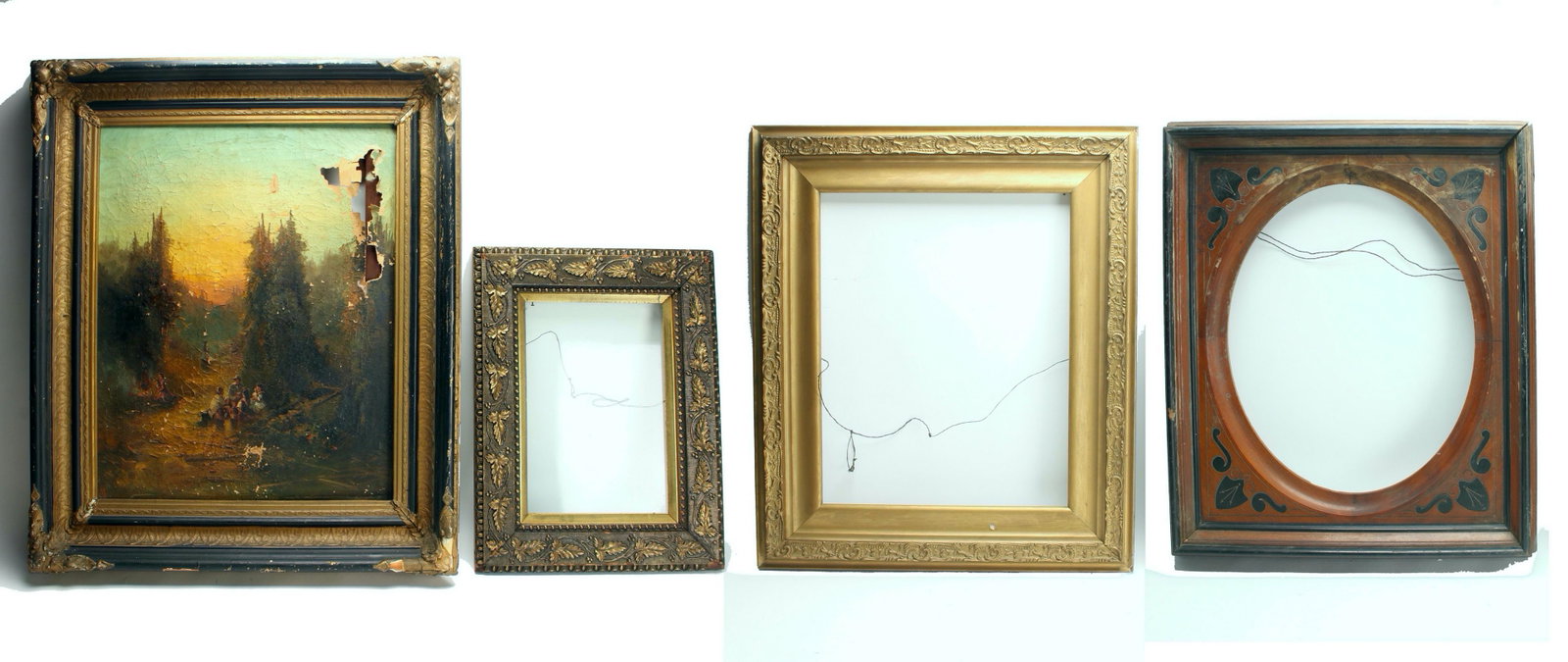 4 VINTAGE & ANTIQUE FRAMES: The frame containing the vestiges of a landscape painting is 27 3/4" X 32". The frame with leaves is 20 1/2" X 161/4". Tap in to your creative side and repurpose these unique frame