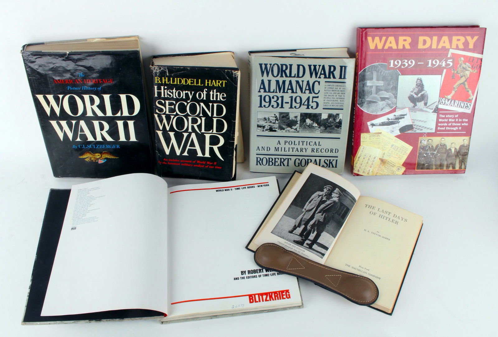 6 WORLD WAR II HISTORY BOOKS: World War II. Liddel Hart History of the Second World War. The Last Days of Hitler by Trevor-Roper. Blitzkrieg World War II. World War II Almanac 1931 - 1945. War Diary 1939 - 1945. 9 1/2" X 11 1