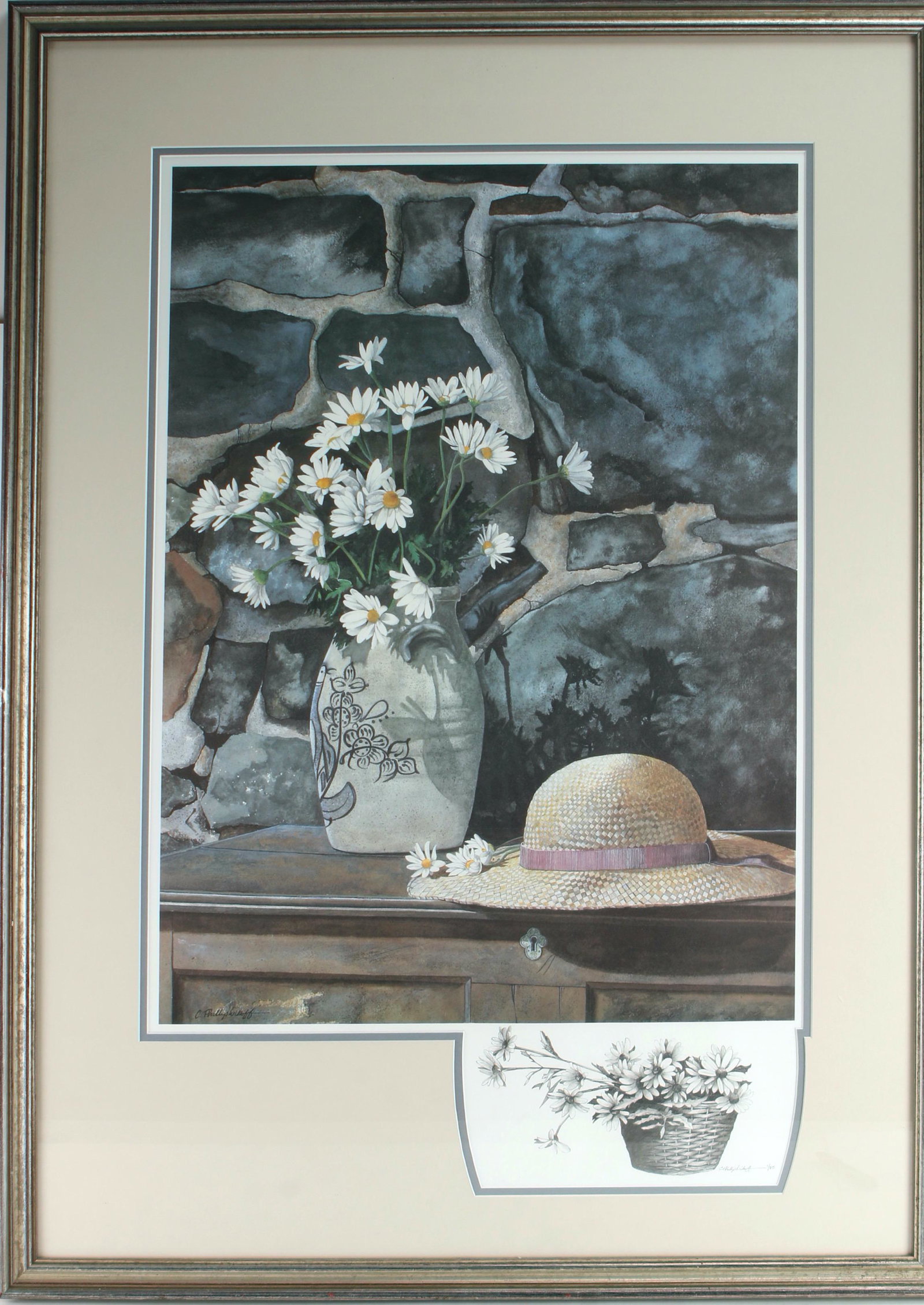 PAINTED SIGNED DAISIES BY C. PHILLIP WIKOFF 1/25: Daisies in a stoneware crock against a stone wall, straw hat sits on a table next to the crock. An addition image of daisies in a basket in a vignette below. Signed by American realist painter C. Phil