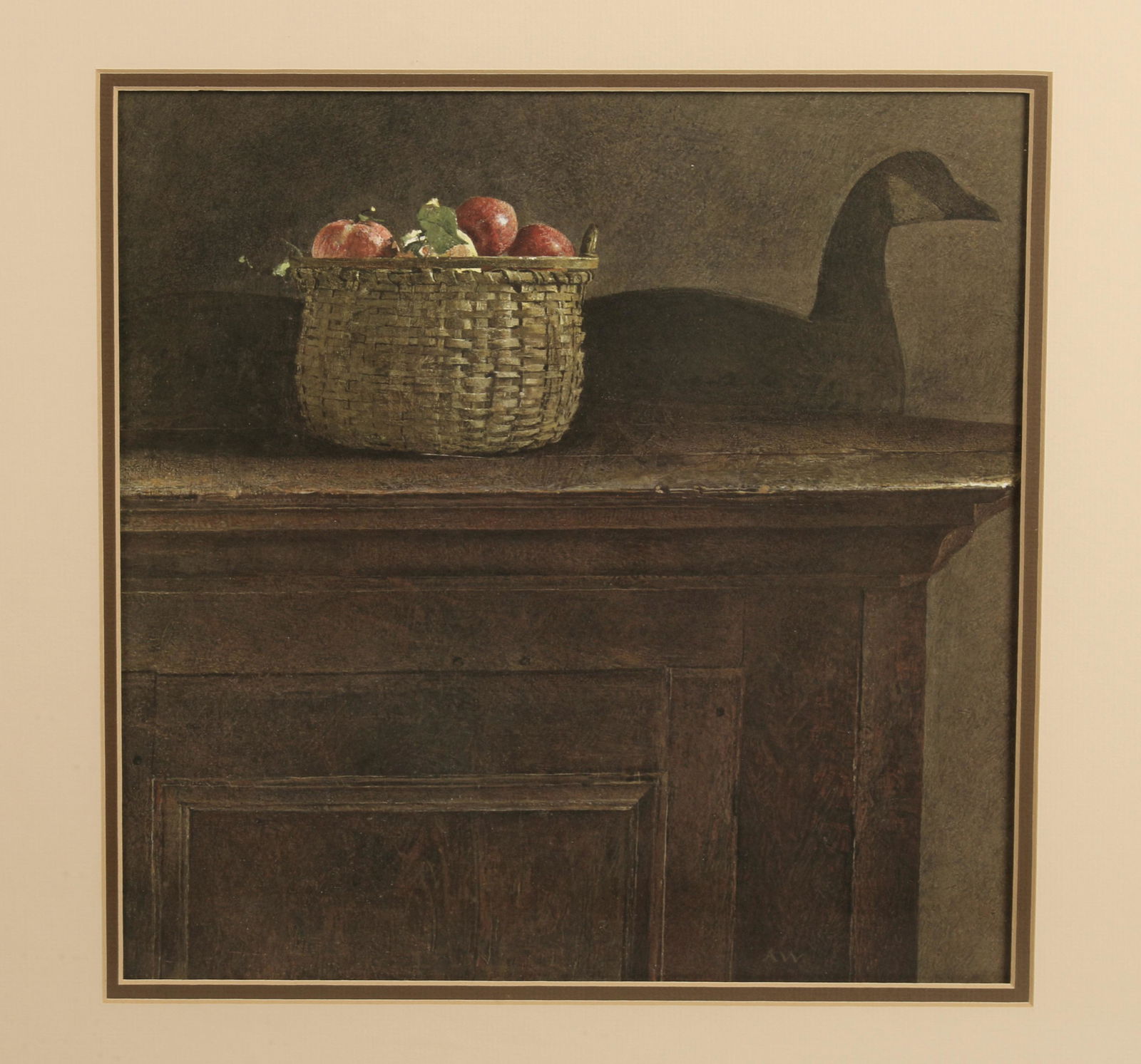 APPLES IN BASKET WOLF RIVERS WYETH PRINT: Andrew Wyeth print of duck decoy and a basket of apples. Framed. 26" X 26" $40 - $80 Please contact us for high resolution images of this lot. Shipping: