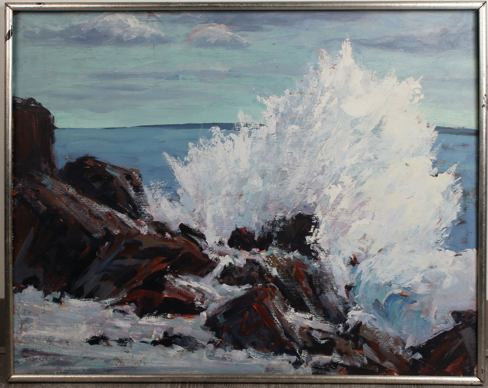 PAINTING OF WAVES CRASHING AGAINST BOULDERS: Acrylic on masonite. 31" X 25" $100 - $200 Please contact us for high resolution images of this lot. Shipping: We are unable to ship this item. Please co