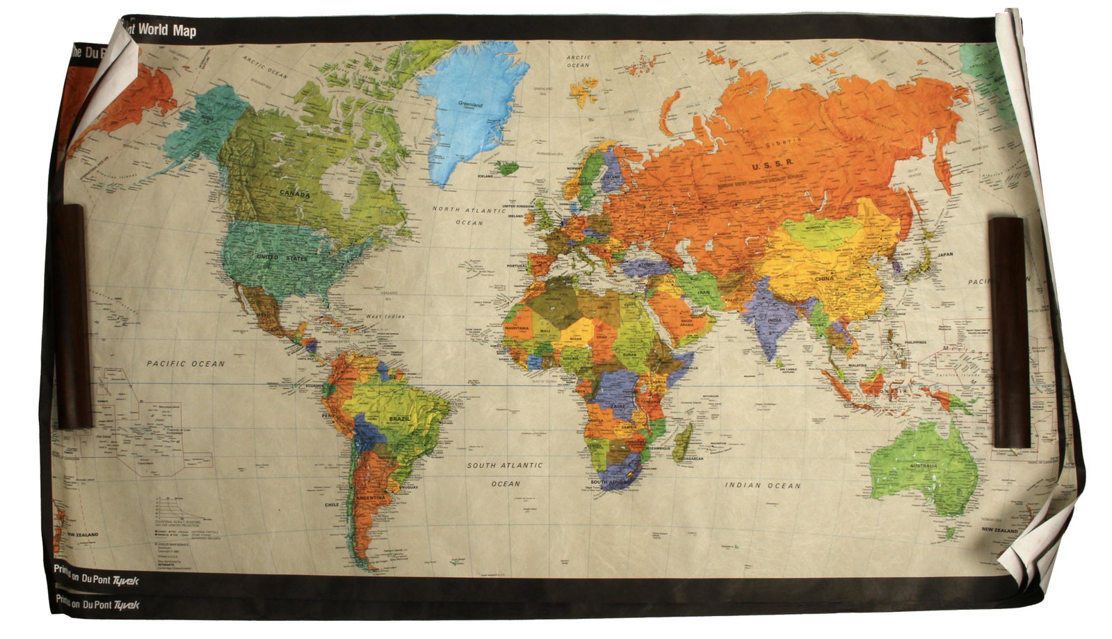 4 DUPONT WORLD MAP CLASSROOM SIZE: Brightly colored, dated 1983. Printed on Dupont Tybek. $100 - $200 Please contact us for high resolution images of this lot. Shipping: We are able to pack and ship this item to an address i