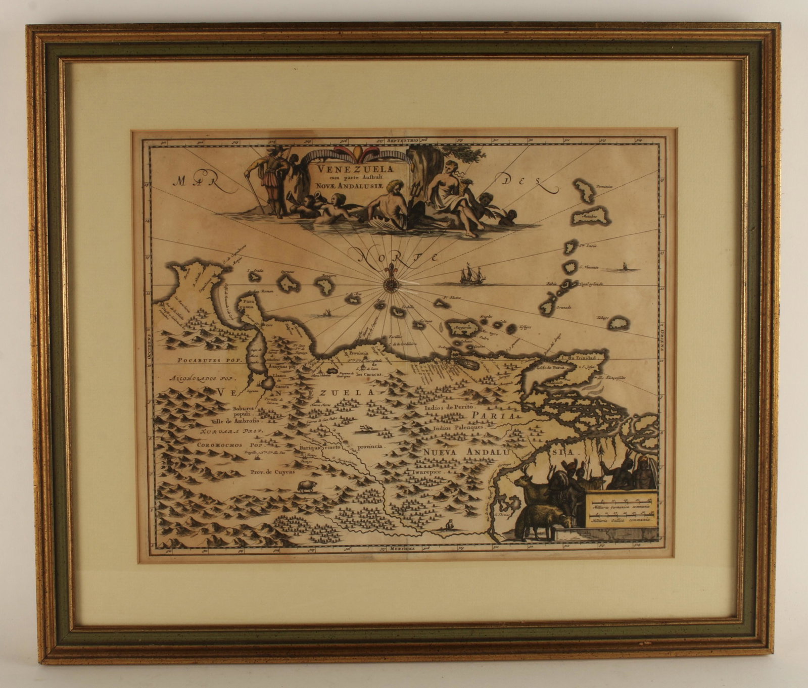 FRAMED ANTIQUE MAP OF VENEZUELA: Includes information about indigenous people and animals. Map by John Ogilby (1600-1676), English cartographer. Published circa 1671. 20 1/2" x 17 1/2" $100 - $200 Please contact us fo