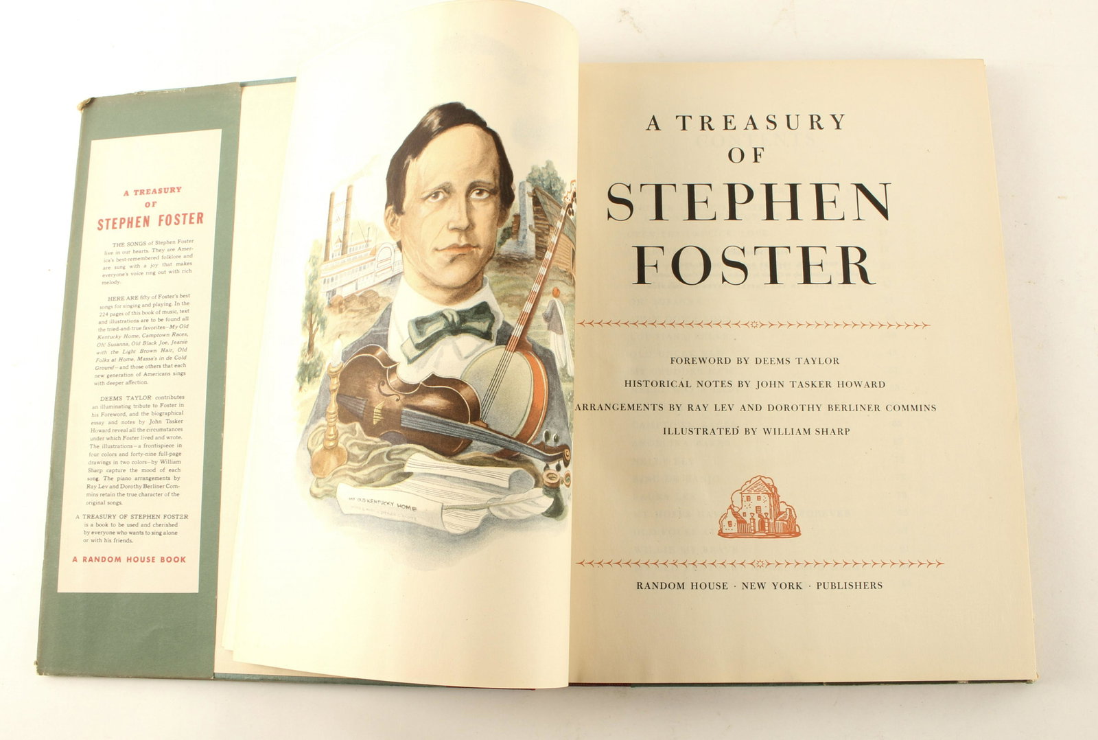 A TREASURY OF STEPHEN FOSTER SONGBOOK HCDJ 1946: Illustrations, music and lyrics. First edition Random House 1946. Illustrated by William Sharp. 9 1/4" X 12" $40 - $80 Please contact us for high resolution images of this lot.