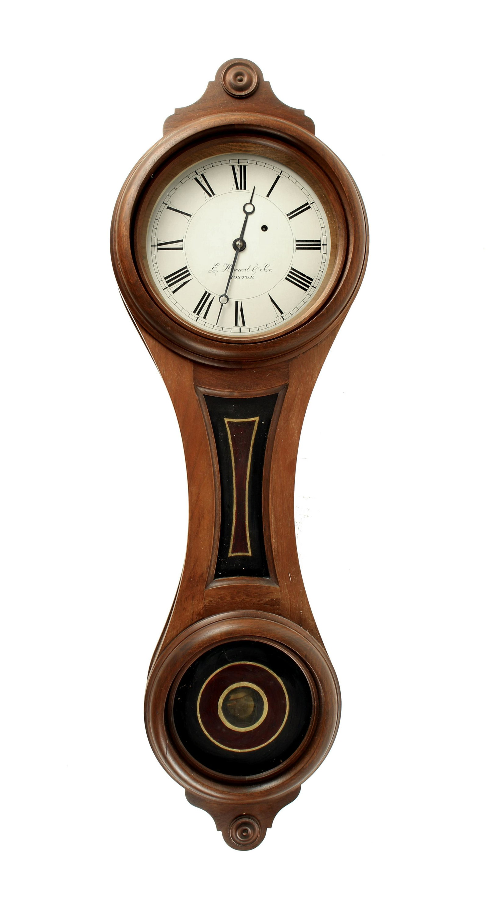HOWARD FIGURE EIGHT WALL CLOCK: Eight Day movement, Reverse painted glasses. Carved crest and bottom. 34" X 11" X 6" $2,500 - $3500 Please contact us for high resolution images of this lot. Shipping:<