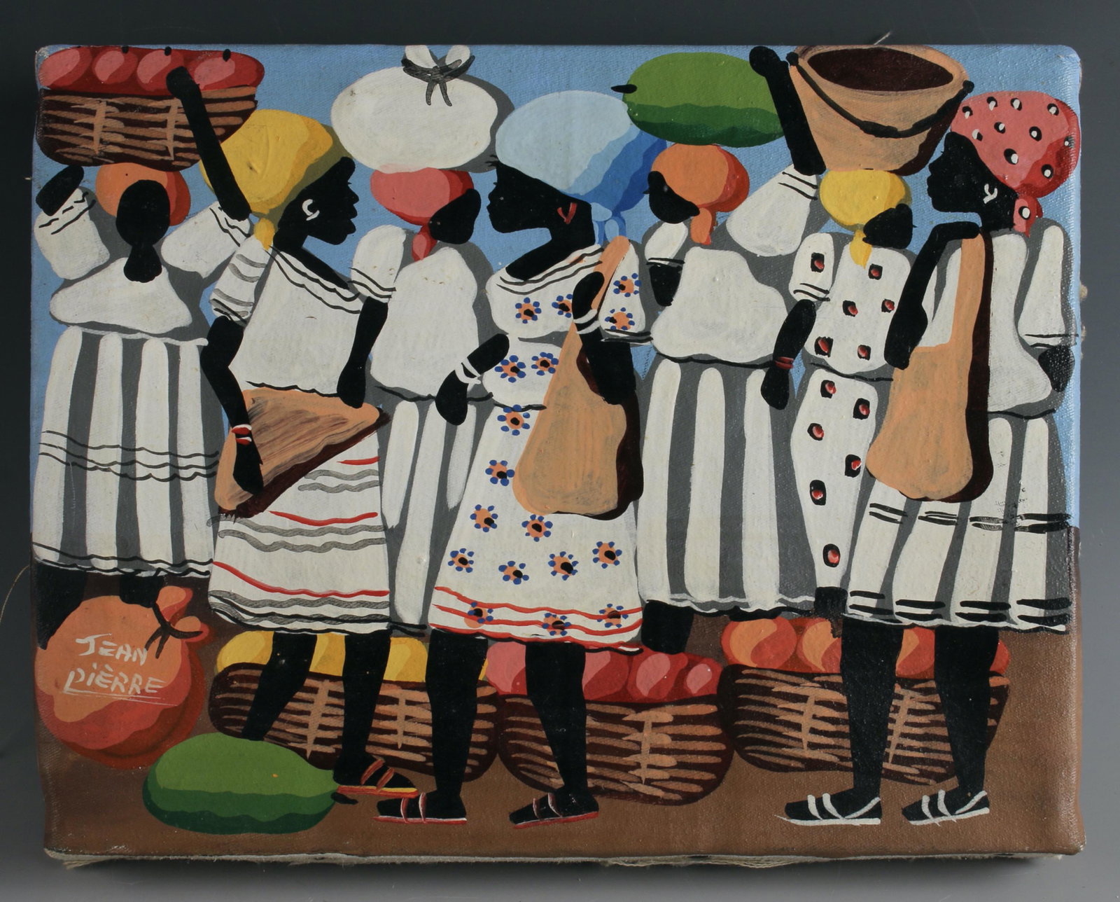 JEAN PIERRE HAITIAN MARKET PLACE PAINTING: Small painting with vibrant colors showing women shopping in a market. Signed on the left. 10" X 7 3/4" $200 - $400 Please contact us for high resolution images of this lot. Sh