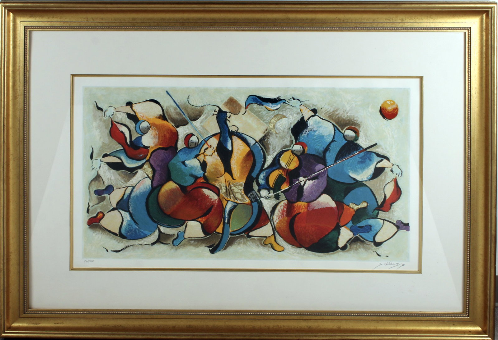 LARGE DAVID SCHLUSS SIGNED & NUMBERED SERIGRAPH: Hand embellished silk screen serigraph. Exuberant musicians in bright colors reminiscent of Chagall. Numbered 156/350 lower left, signed lower right. "Golden Suite - Romantic Ballad". David 