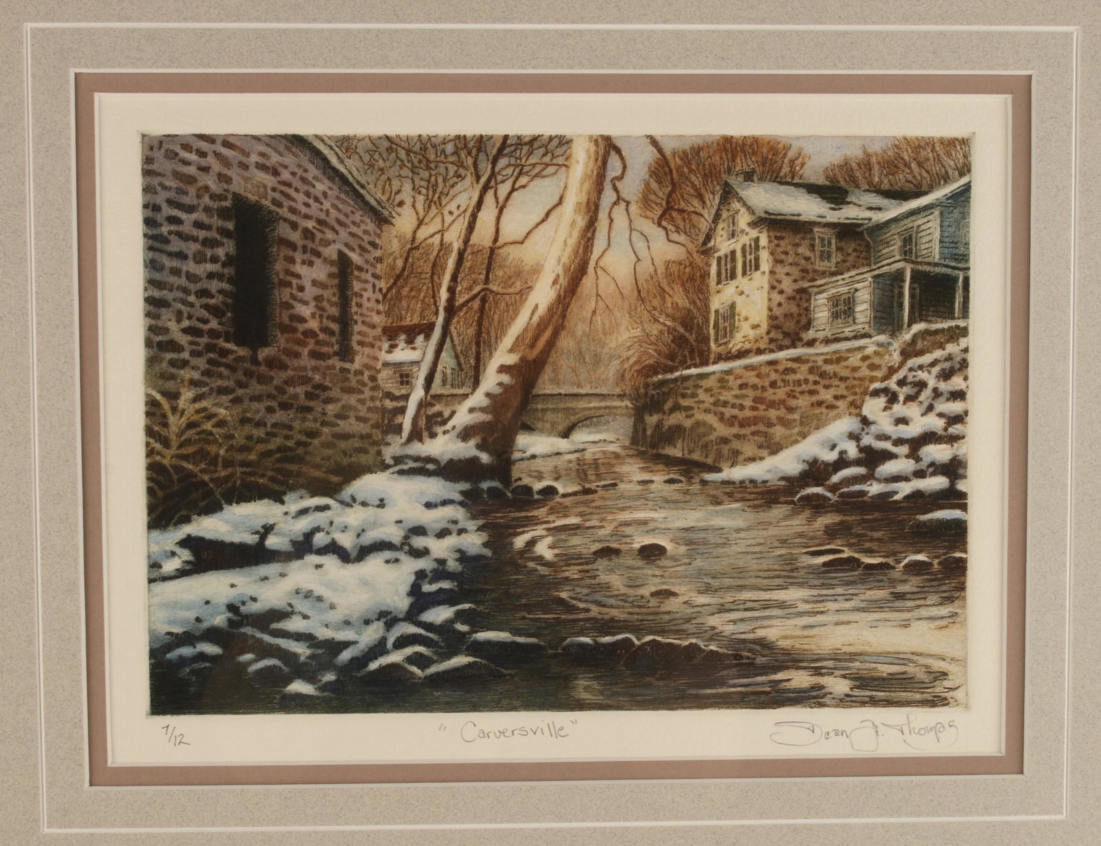 SIGNED NUMBERED PRINT BY DEAN F THOMAS: Signed numbered 7/12 print Carversville. Snowy river scene with a bridge and stone houses. By Dean F. Thomas, local Bucks County artist. 18 1/2" x 16 1/2" $100 - $200 Please contact u