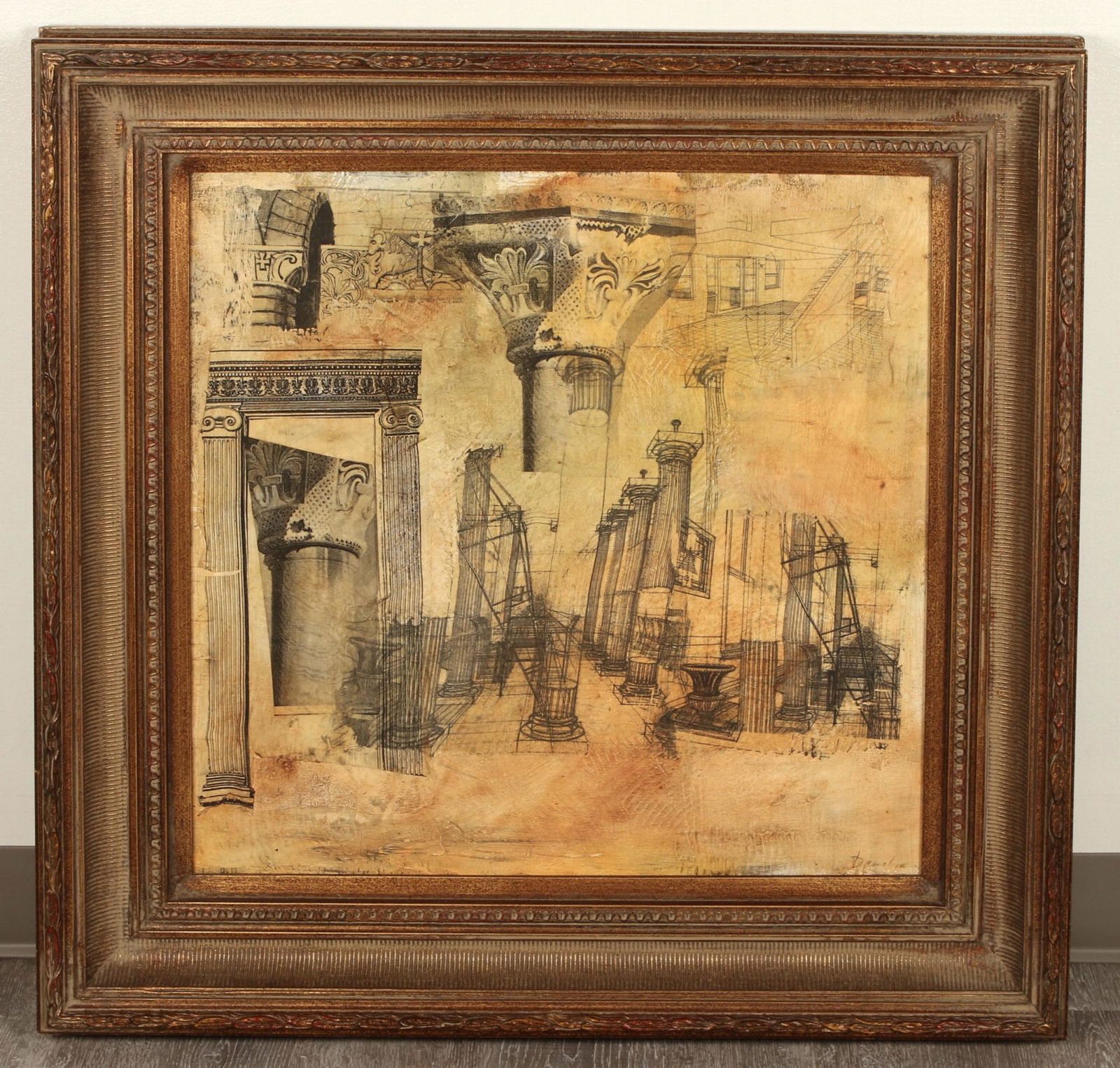DECORATOR ARCHITECTURAL COLLAGE ART: Black and white architectural designs with washes of peach and yellow. 34" x 33" $100 - $200 Please contact us for high resolution images of this lot. Shipping: