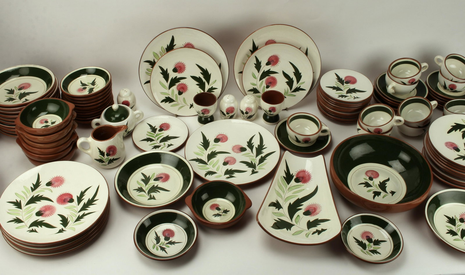STANGL THISTLE HUGE SERVICE FOR 12 & SERVING: Includes everything! Dinner plates, lunch plates, soup bowls, cups and saucers, lugged bowls, fruit bowls, bread and butter plates, sugar and creamer, salt and pepper (with extra pepper) rhomboid serv