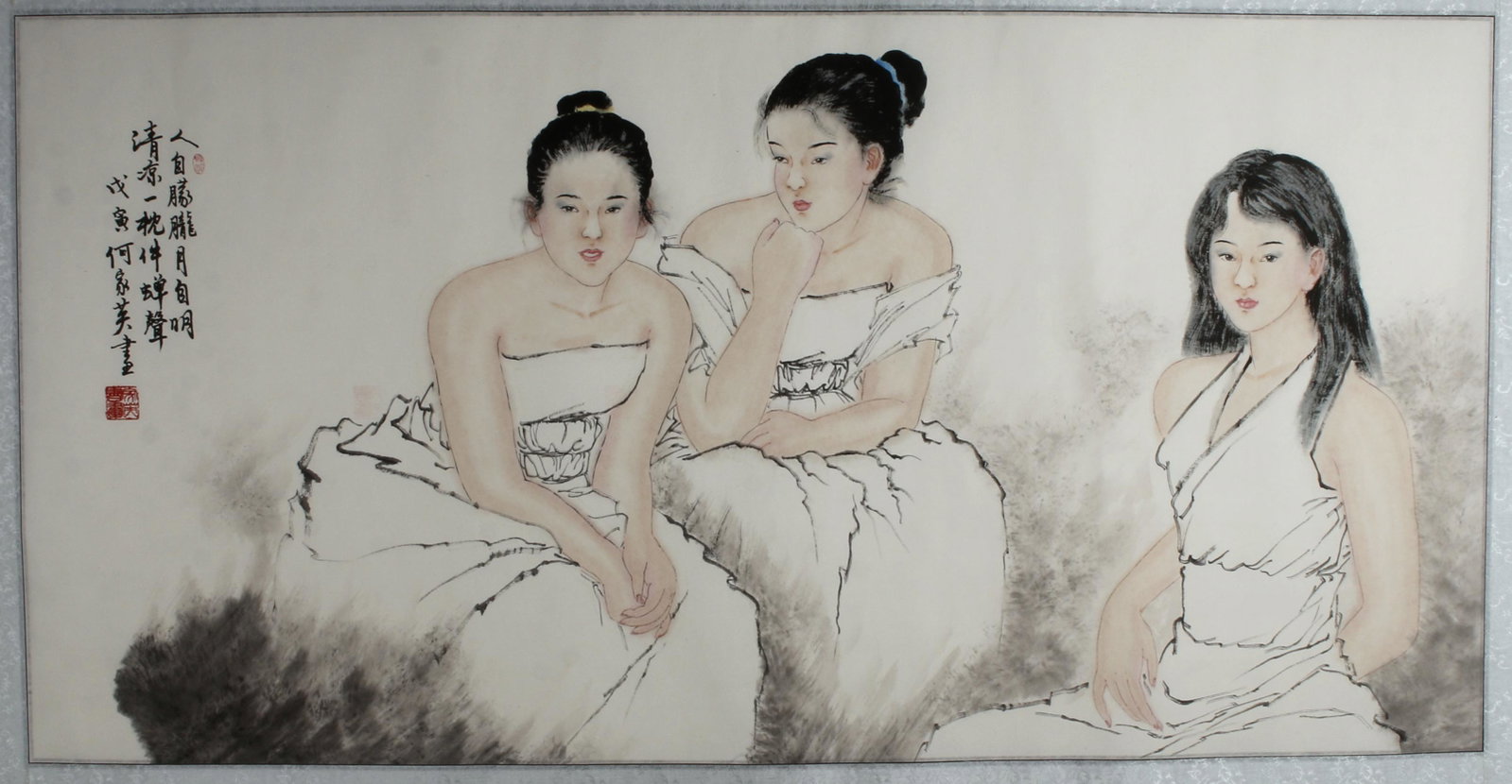 CHINESE PAINTING OF THREE BEAUTIES ON PAPER: Three beauties in white. Calligraphy and artist marks on left. 31 3/4" X 65 1/2" $400 - $600 Please contact us for high resolution images of this lot. Shipping: