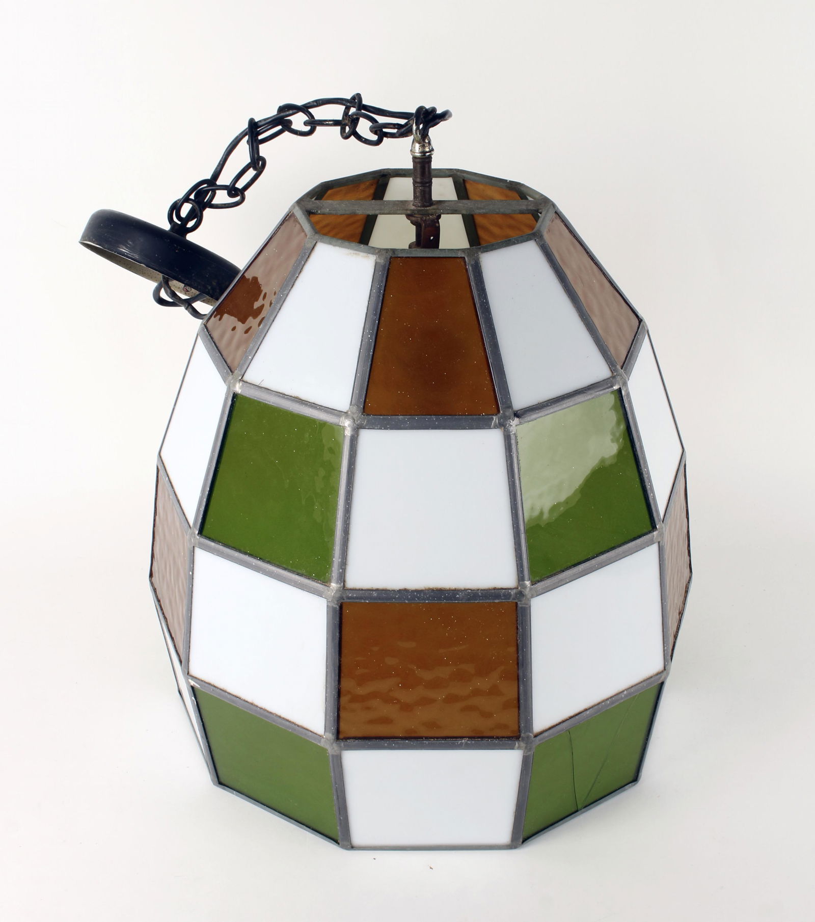 STAIN GLASS HANGING CEILING LIGHT FIXTURE: Amber, white and green in an elongated globe form. 12" X 20" $40 - $80 Please contact us for high resolution images of this lot. Shipping: We are unable