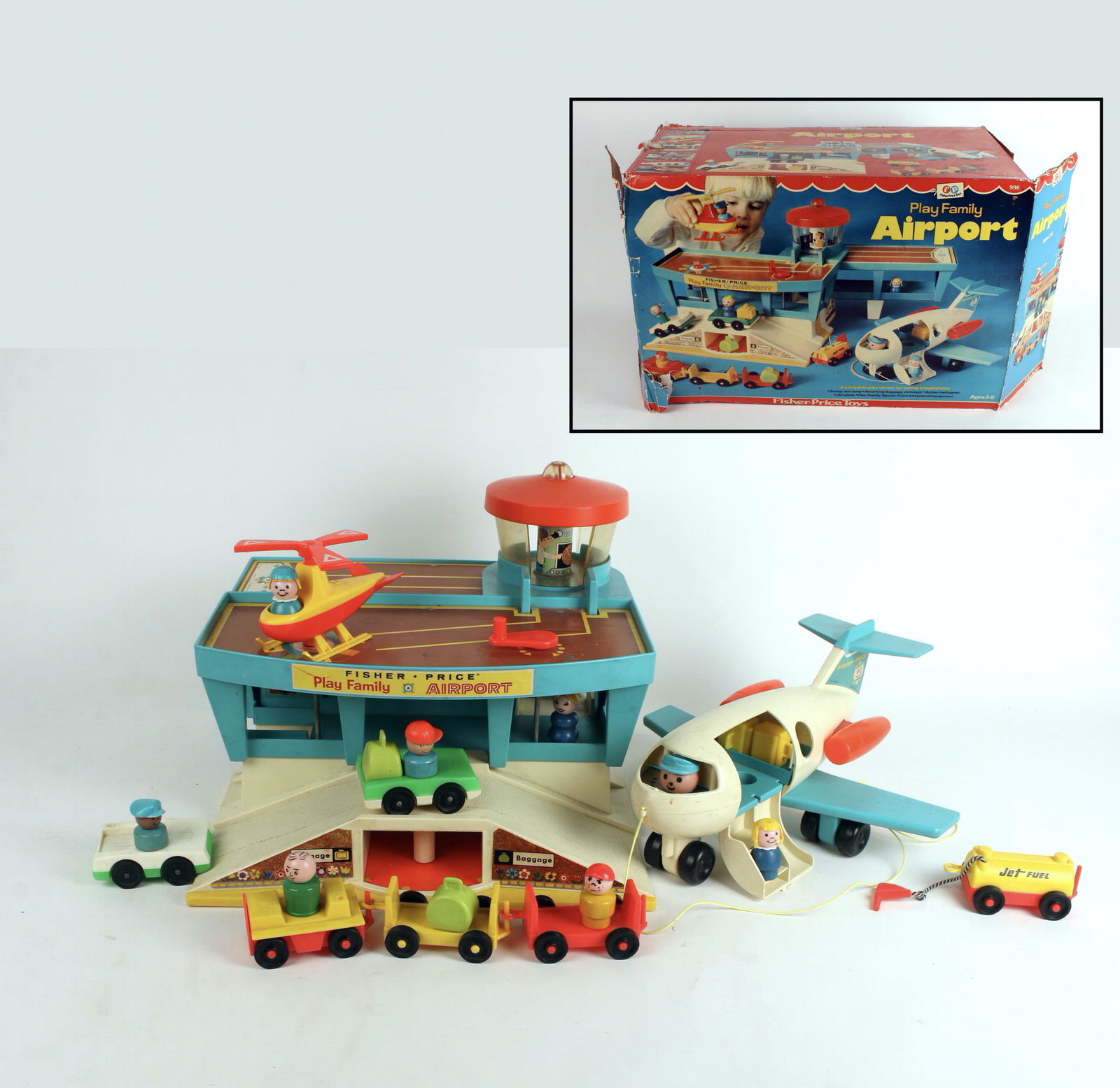 FISHER PRICE PLAY FAMILY AIRPORT IN BOX 1972: Includes plane, people, trams, helicopter, luggage, and terminal that opens. 20" x 16" x 11 1/2" $100 - $200 Please contact us for high resolution images of this lot. Ship