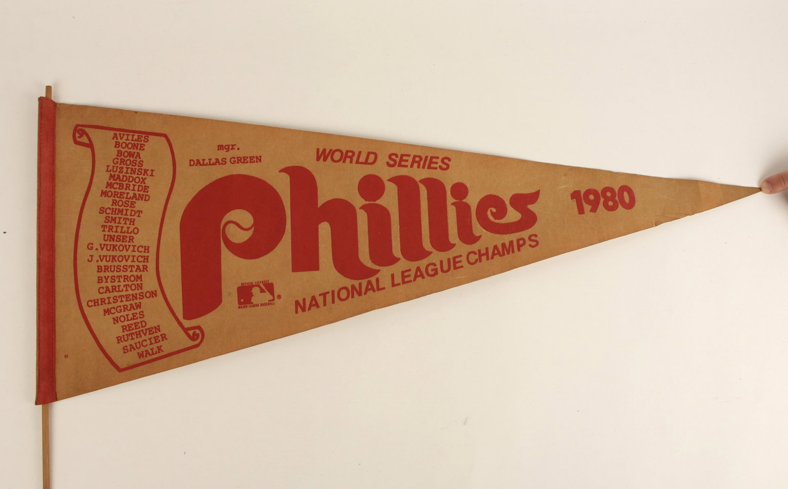 PHILLIES WORLD SERIES PENNANT 1980: World Series National League Champs with roster on the left. 29" $40 - $80 Please contact us for high resolution images of this lot. Shipping: We are able to
