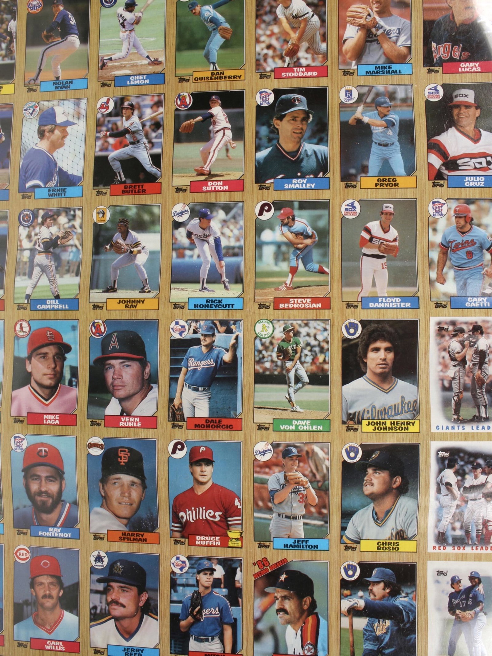 1987 TOPPS UNCUT BASEBALL CARDS: 3-362-10-03 7 Side B board 11, 12. 3-362-10-01-07 Side B set A board 3, 4. Notable players include Roger Clemens, Bill Buckner, Don Mattingly, Darryl Strawberry, Dwight Gooden. 29 1/2" X 43"