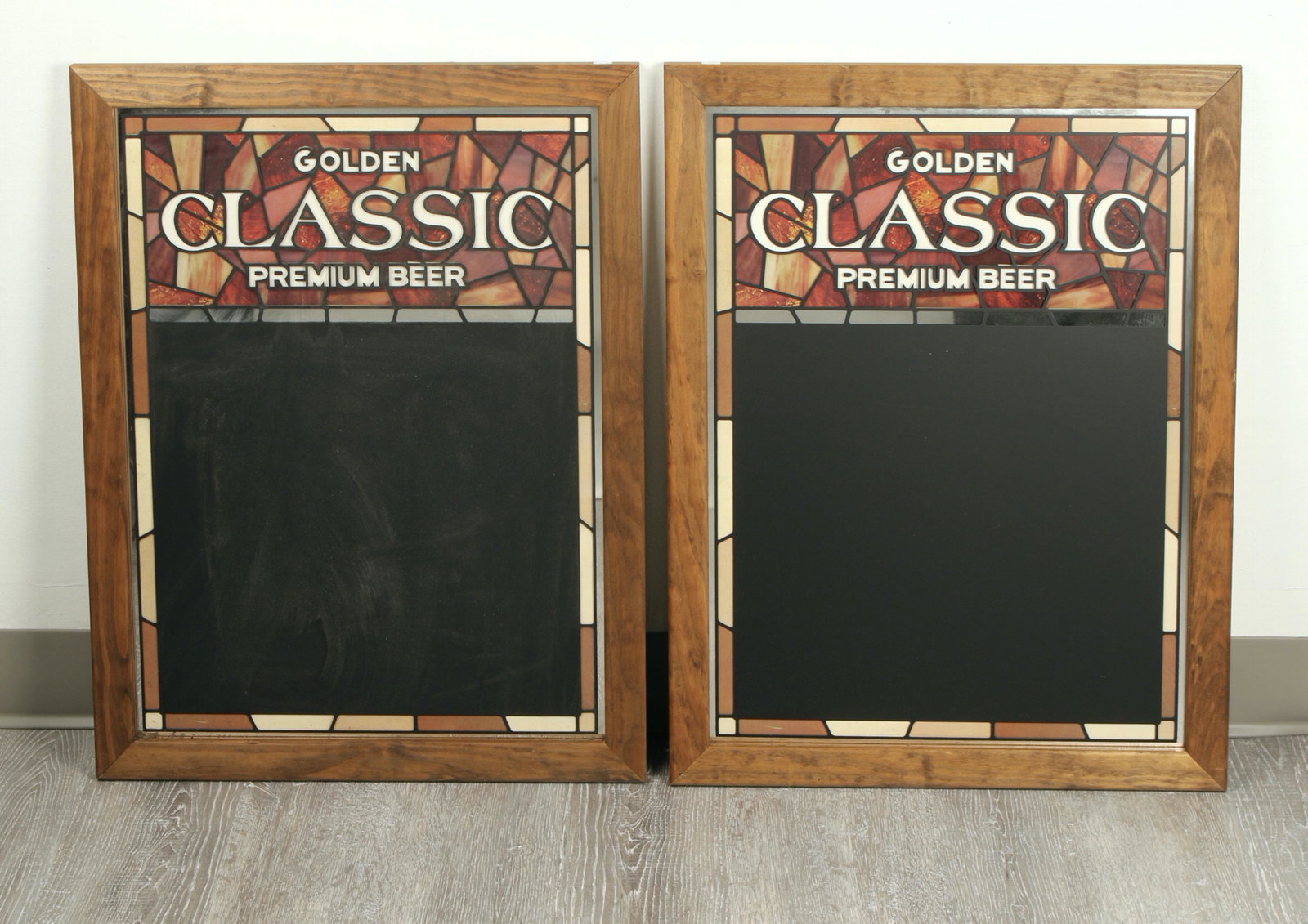 PAIR GOLDEN CLASSIC PROMO CHALKBOARD DISPLAYS: Mirror on top with Golden Classic Premium Beer, below is a board for specials. With a stained glass border. Flank the bar with these! 20 1/2" X 26 1/2" $100 - $200 Please contact us fo