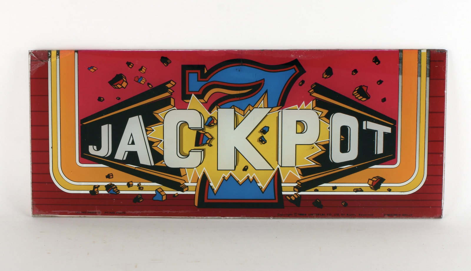 GLASS SLOT MACHINE JACKPOT 7 SIGN 1989: 1989 Universal glass jackpot sign from slot machine. Pop art colors and mirror stripes. 20" X 8 1/2" $100 - $200 Please contact us for high resolution images of this lot. Shipp