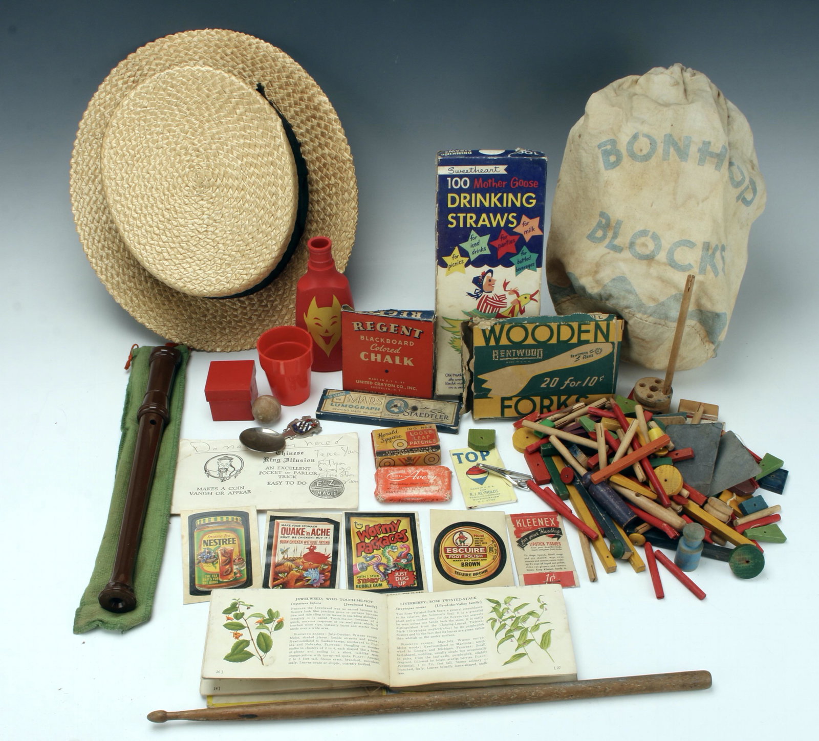 BROOKS BROS BOATER, BONHOP BLOCKS, EPHEMERA: Vintage Brooks Brothers straw boater with wide black grosgrain ribbon. Canvas bag that reads Bonhop Blocks with blocks (1940s). Monogrammed CPT with Bon Ton Ivy mark. Plastic recorder, Kleenex lipstic