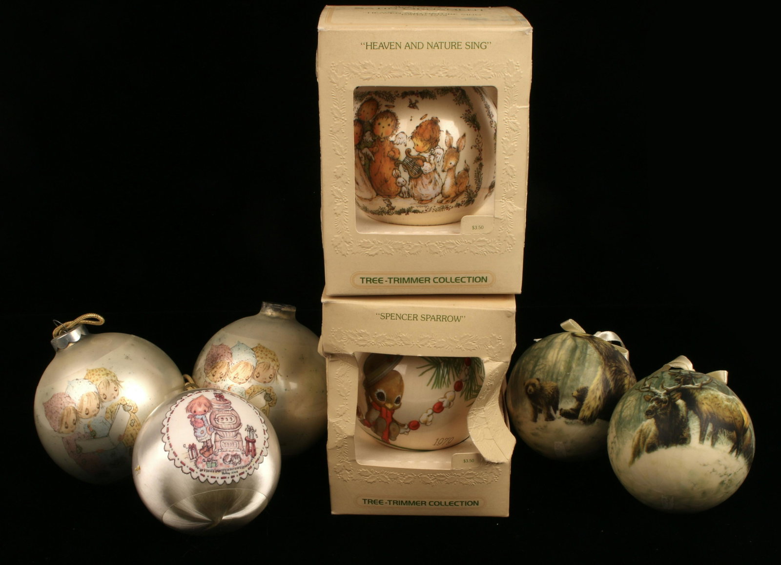ASSORTED LOT VINTAGE CHRISTMAS ORNAMENTS: Two Hallmark tree trimmer collection 1979. Three Betsy Clark ornaments. Two nature themed ornaments. Some loose, some in original box. From an NY home collection. $100 - $200 Please contact us for hig