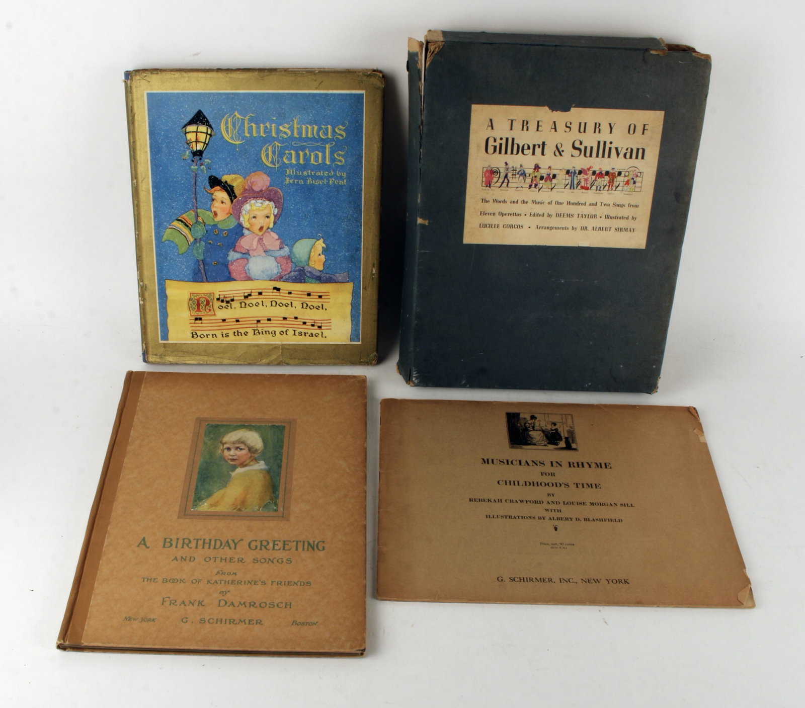4 FESTIVE SHEET MUSIC BOOKS: Christmas Carols with the Christmas Story as told by St. Luke and St. Matthew compiled and arranged by Frank Edwin Peat, illustrated by Fern Biset Peat, manuscript scores by Wenzel Kubelka hardcover w