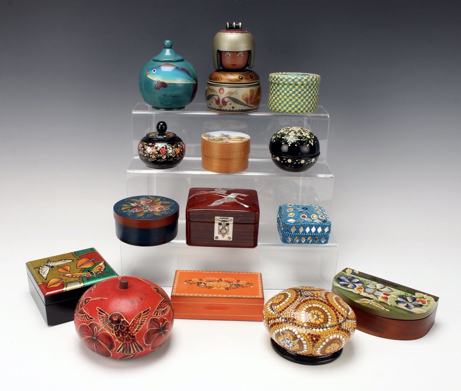 PAINTED WOODEN BOXES FROM AROUND THE WORLD: Including painted, woven, and beaded boxes from Panama, Barbados, Switzerland, Australia, Guatemala, Costa Rica, Korea... 6" $40 - $80 Please contact us for high resolution images of this l