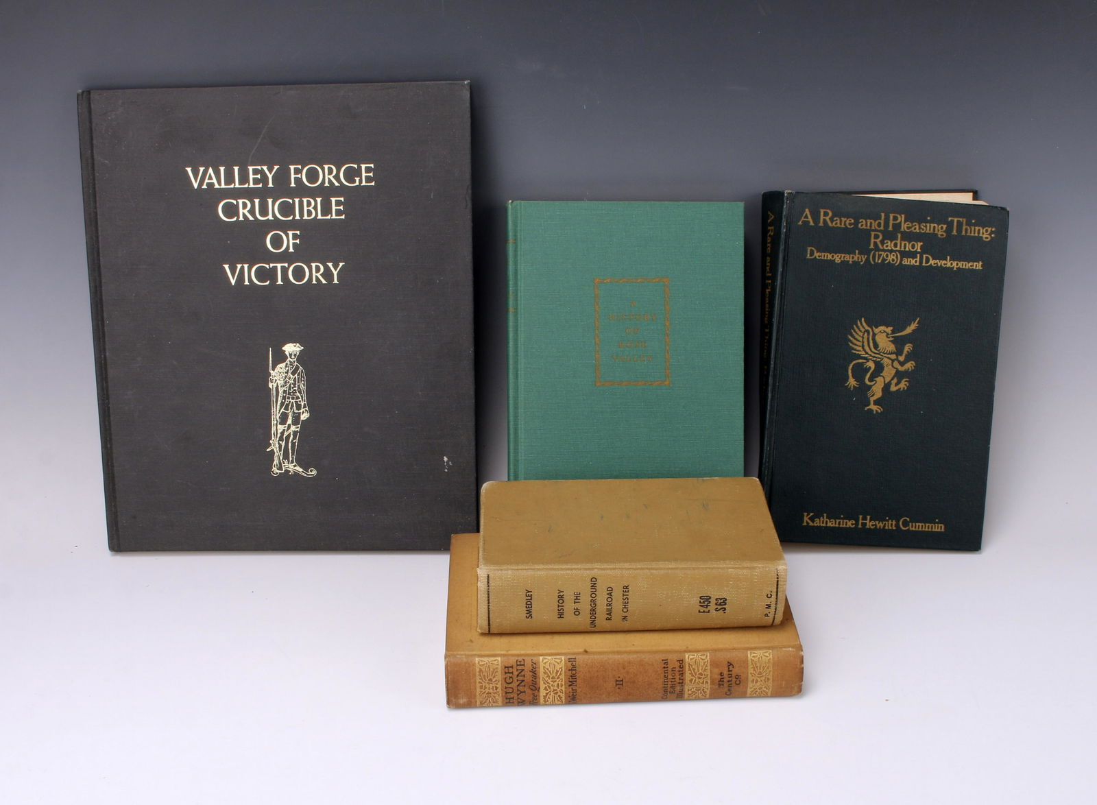 5 BOOKS ON LOCAL PENNSYLVANIA INTEREST: Hugh Wynne Free Quaker by Mitchell. History of the Underground Railroad in Chester. The History of Rose Valley. The Rare and Pleasing Thing: Radnor Demography (1798) and Development. Valley Forge Cruc