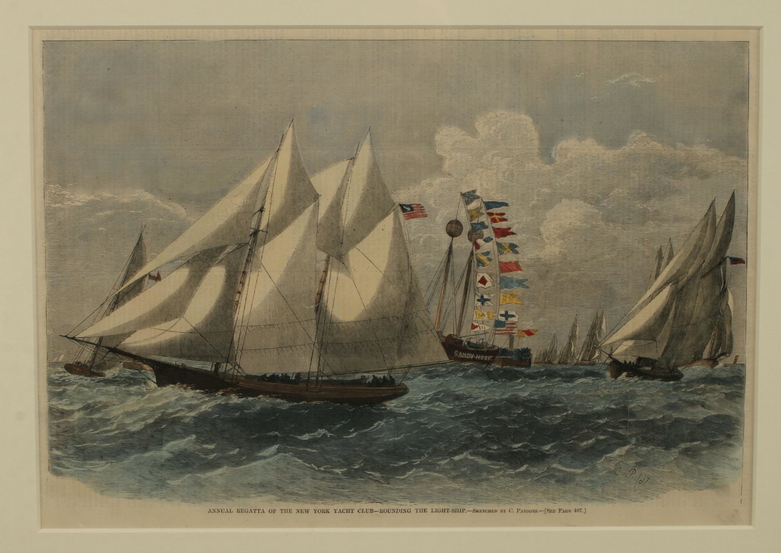 3 HAND COLORED HARPERS WEEKLY YACHTING PRINTS: 22" X 17" $40 - $80 Please contact us for high resolution images of this lot. Shipping: We are able to pack and ship this item to an address in the United States for $55.00 via USP
