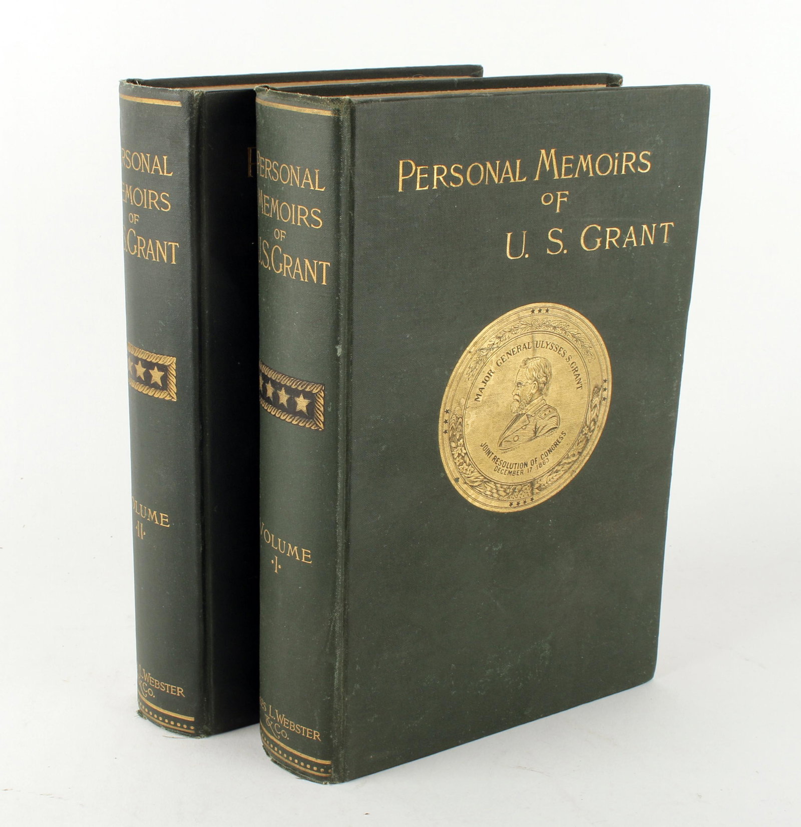 PERSONAL MEMOIRS OF U.S. GRANT 2 VOLUMES: Hardcover copyright 1885 New York: Charles L. Webster & Company. With inscription. 6 1/2" X 9 1/4" $200 - $400 Please contact us for high resolution images of this lot. Ship