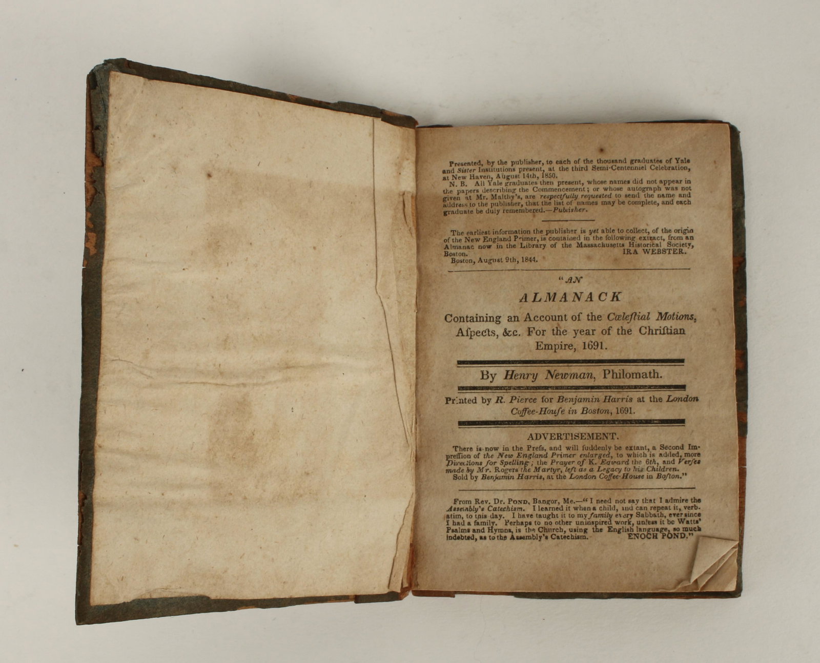TINY 1850 ALMANAC BOOK PRESENTED TO YALE U ALUMNI: Reprinted Almanack presented to each of the thousand Yale graduates on August 14,1850 Containing An Account of the Coelestial Motions, Aspects & c. For the year of the Christian Empire 1691. By He