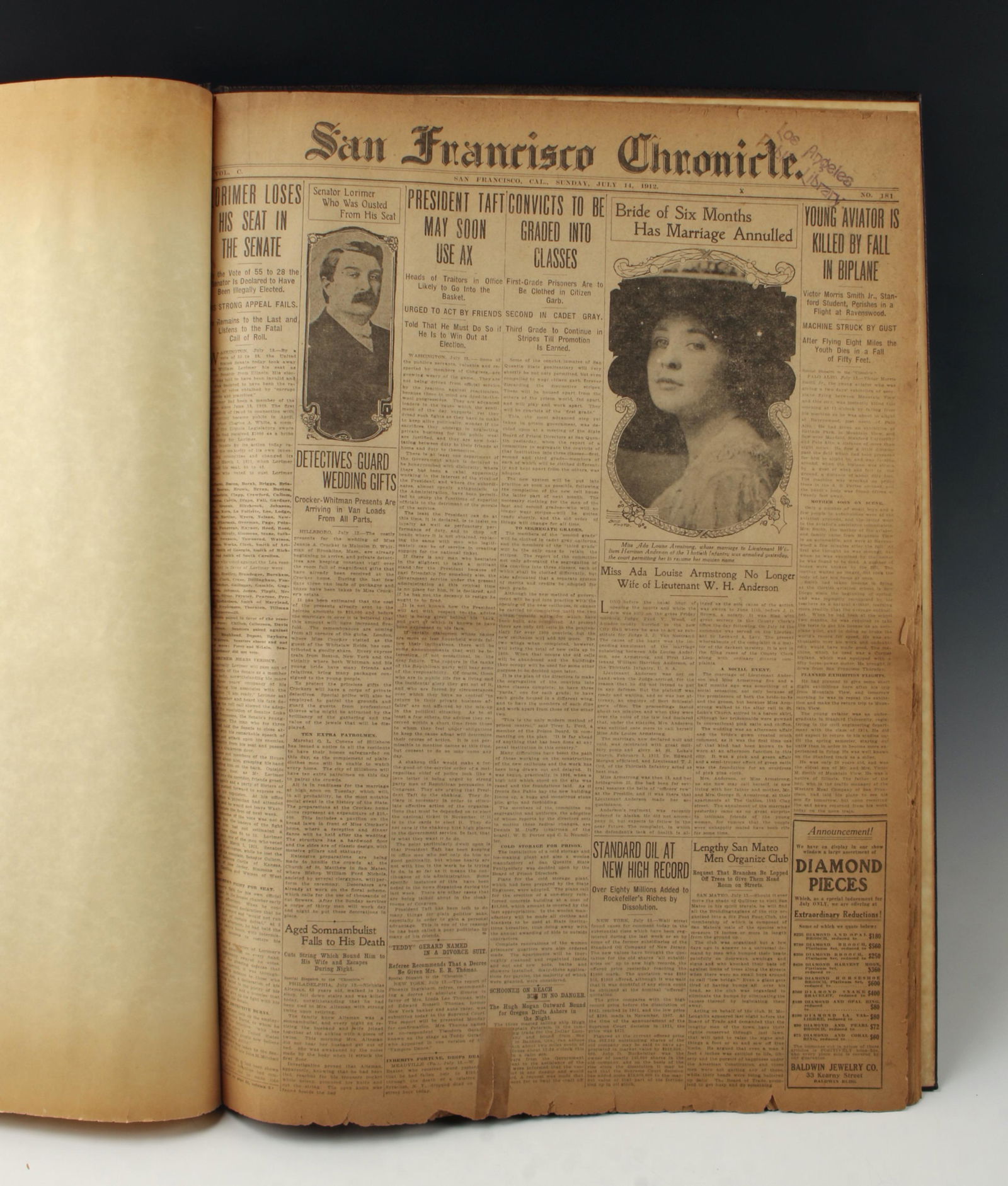 BOUND SAN FRANCISCO CHRONICLES JULY 14 1912: The San Francisco Chronicles from July 14 1912. Bound as coffee table book. 16 1/2" X 23" $20 - $40 Please contact us for high resolution images of this lot. Shipping: