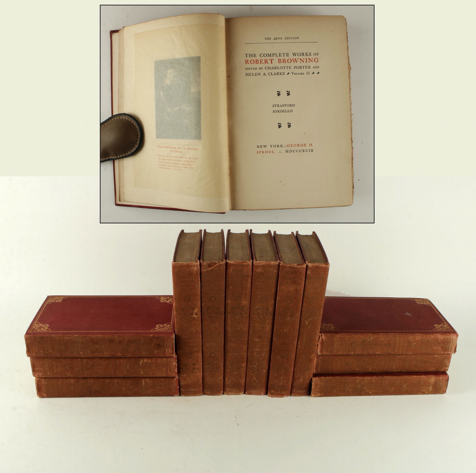 THE COMPLETE WORKS OF ROBERT BROWNING 1899: Robert Browning's Complete Works - The Arno Edition. Limited to 1250 copies of which this is No. 832. 12 volumes. New York: George D. Sproul, MDCCCXCIX. Edited by Charlotte Porter and Helen A. Clarke.