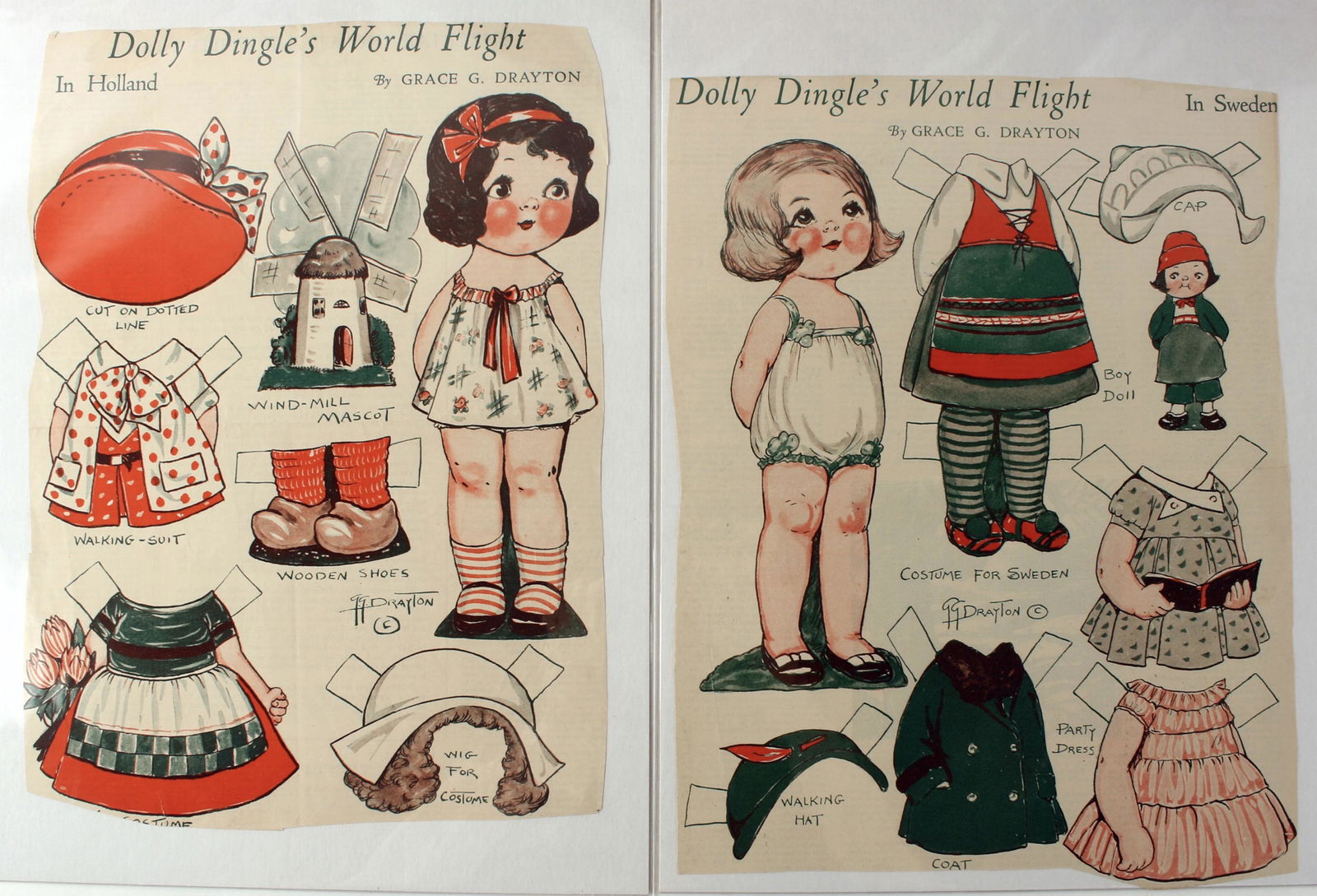 5 DOLLY DINGLE PAPER DOLLS: Dolly DIngle's World Flight Russia, Italy, France, Sweden, and Holland illustrated by G.G. (Grace) Drayton, the same artist who drew the Campbell Soup kids! 11" X 14 1/2" $40 - $80 Ple
