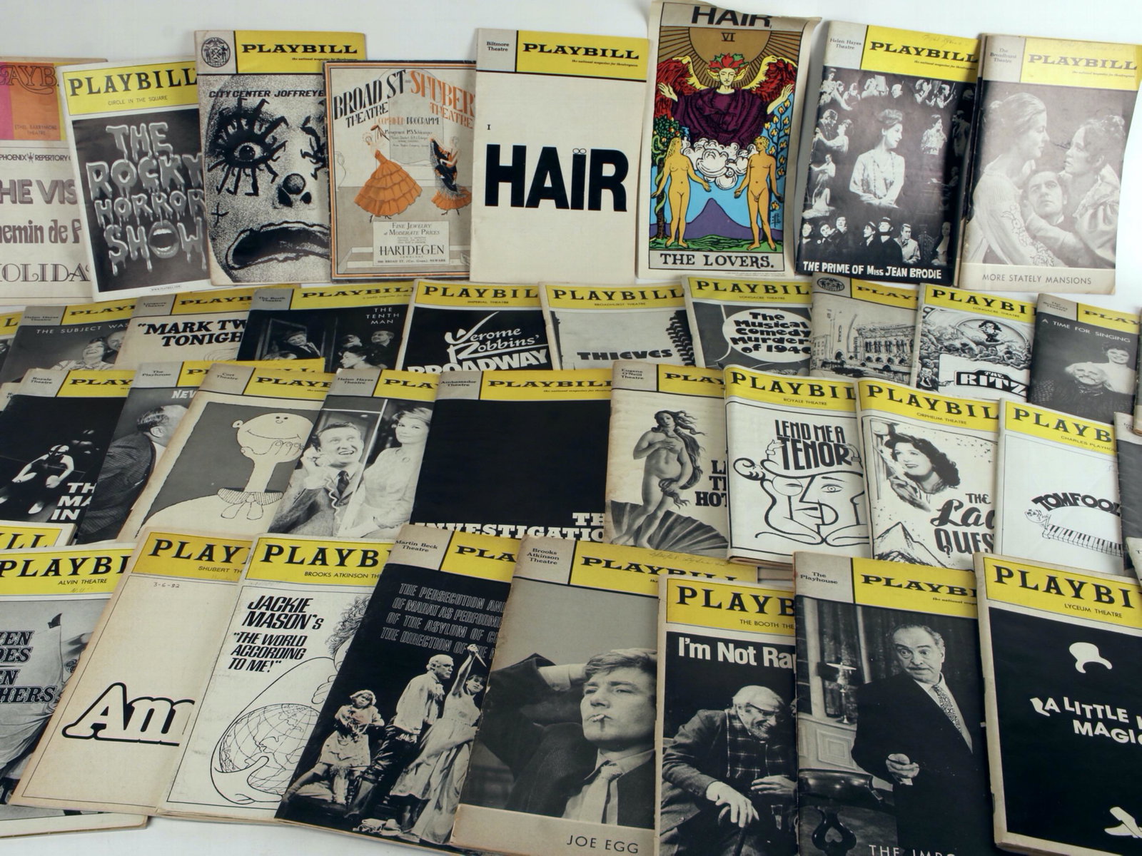 LARGE LOT OF PLAYBILLS MOSTLY 60S - 80S: Mostly 1960s - 1980s. Including Broad St Theater and Shubert Theater combined program 1930. Rocky Horror Picture Show 2001. 7" X 9" $40 - $80 Please contact us for high resolution imag
