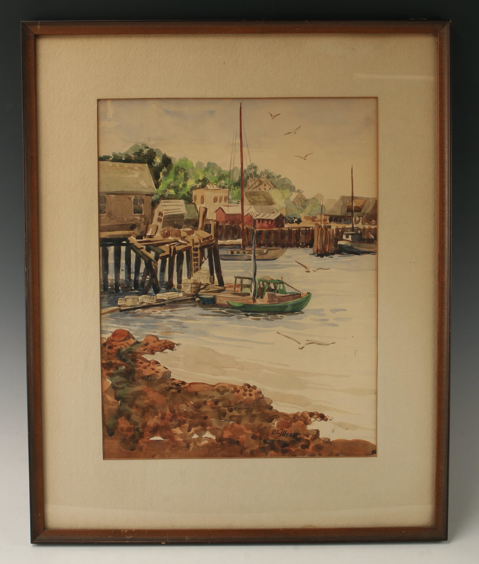 SE. L. WEBB WATERCOLOR OF BOATS IN HARBOR: Gulls circle over the boats in this charming watercolor. 16 1/2" X 20" $20 - $40 Please contact us for high resolution images of this lot. Shipping: We ar