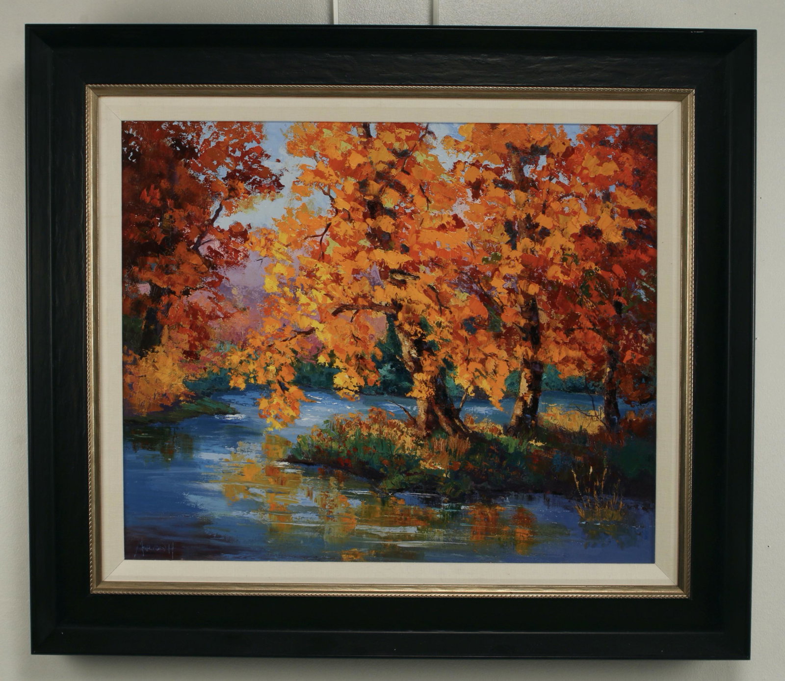 AUTUMN BEAUTY BY MARION HEDGER: Palette knife painting showing the exuberance of Autumn colors by a river. 31 1/2" X 28" $100 - $200 Please contact us for high resolution images of this lot. Shipping: