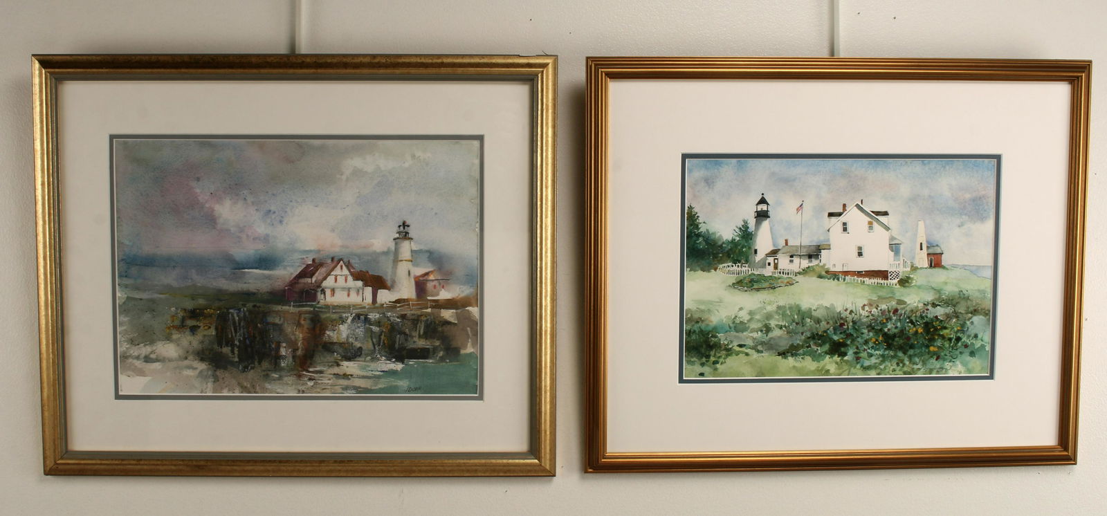 WATERCOLORS OF LIGHTHOUSES BY POULTERER & DORR: Two original signed watercolors of lighthouses. "Pemaquid Point Lighthouse" by Bruce Poulterer and "Portland Head Light" by Jane Dorr. 21 1/2" X 18" $100 - $200