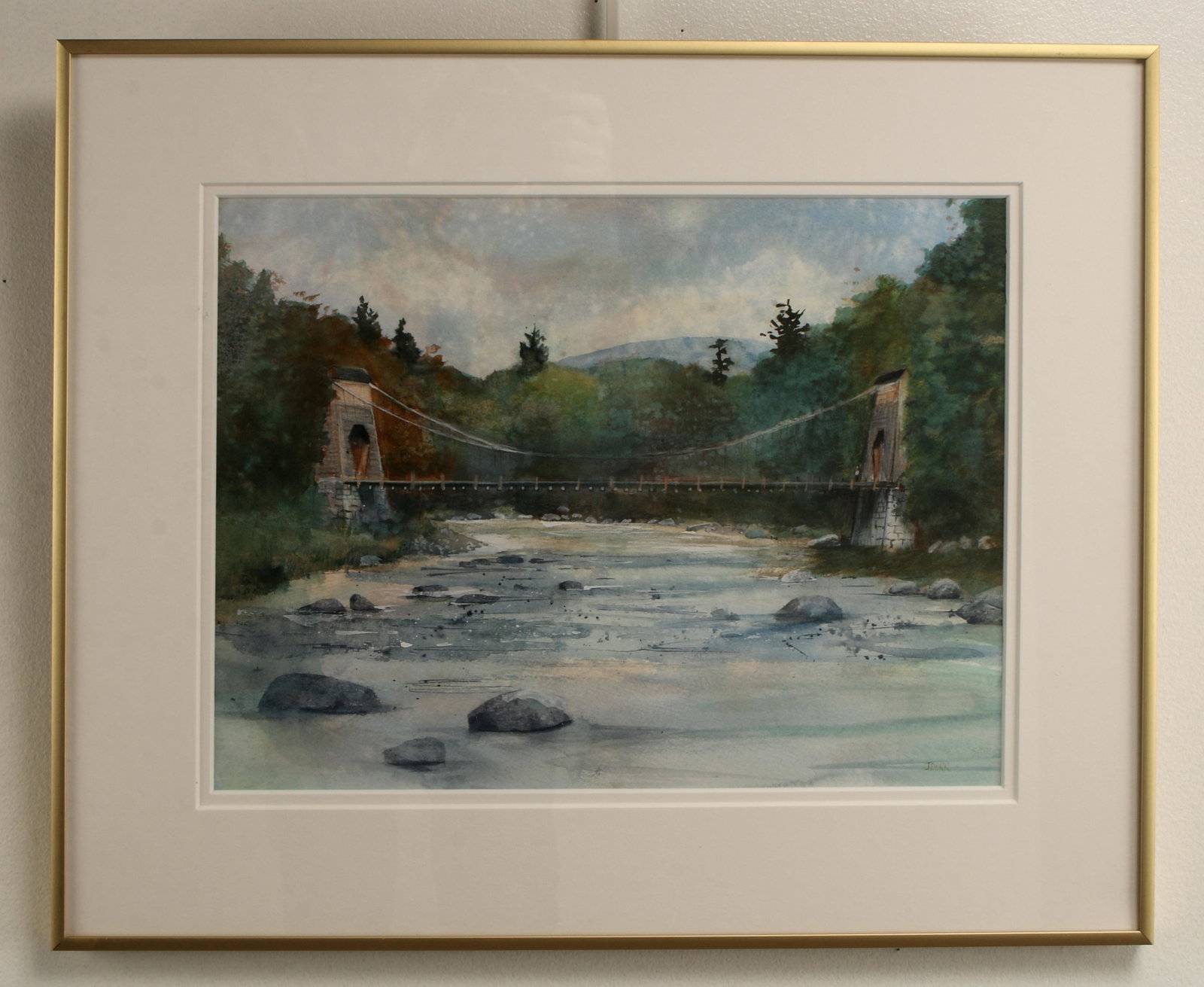MAINE ARTIST JANE DORR WATERCOLOR OF BRIDGE: Watercolor and colored pencil painting of a suspension bridge titled "The Wire Bridge". By Maine artist Jane Dorr. 20 1/4" X 16 1/2" $100 - $200 Please contact us for high re