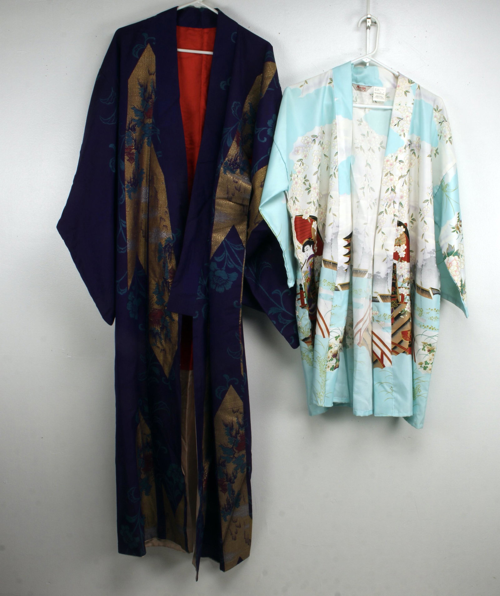 2 MODERN KIMONOS: One short polyester made in Japan, one long purple brocade. $20 - $40 Please contact us for high resolution images of this lot. Shipping: We are able to pack and ship this item to an addres