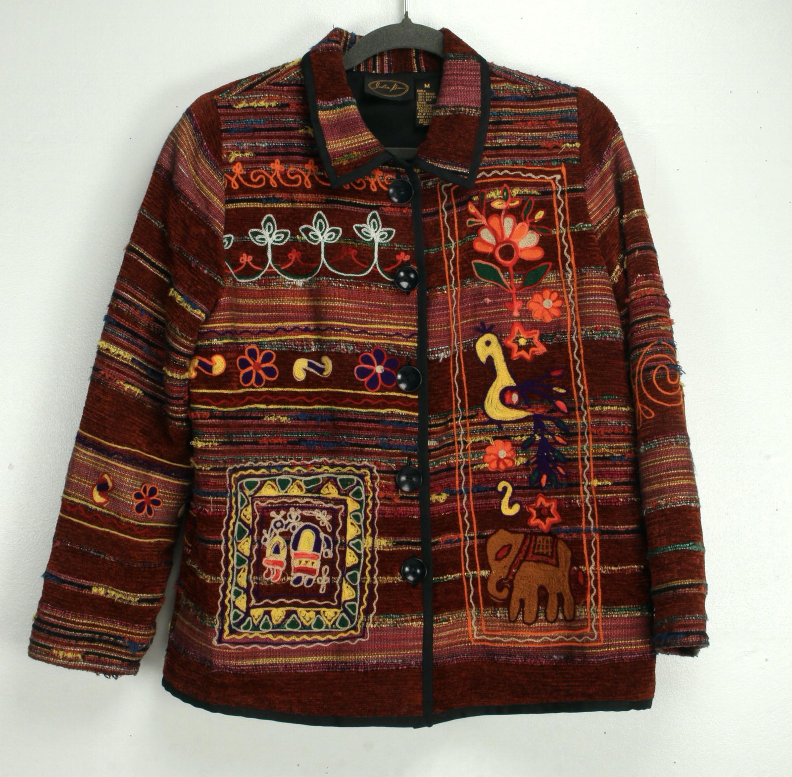 JULIA KIM MULTICOLOR JACKET M WOVEN/CHENILLE: Julia Kim Women's Blazer or Jacket in size M. Woven/Chenille with brightly colored embroidery on striped woven fabric. Made in India of rayon, cotton and silk. Medium $40 - $80 Please contact