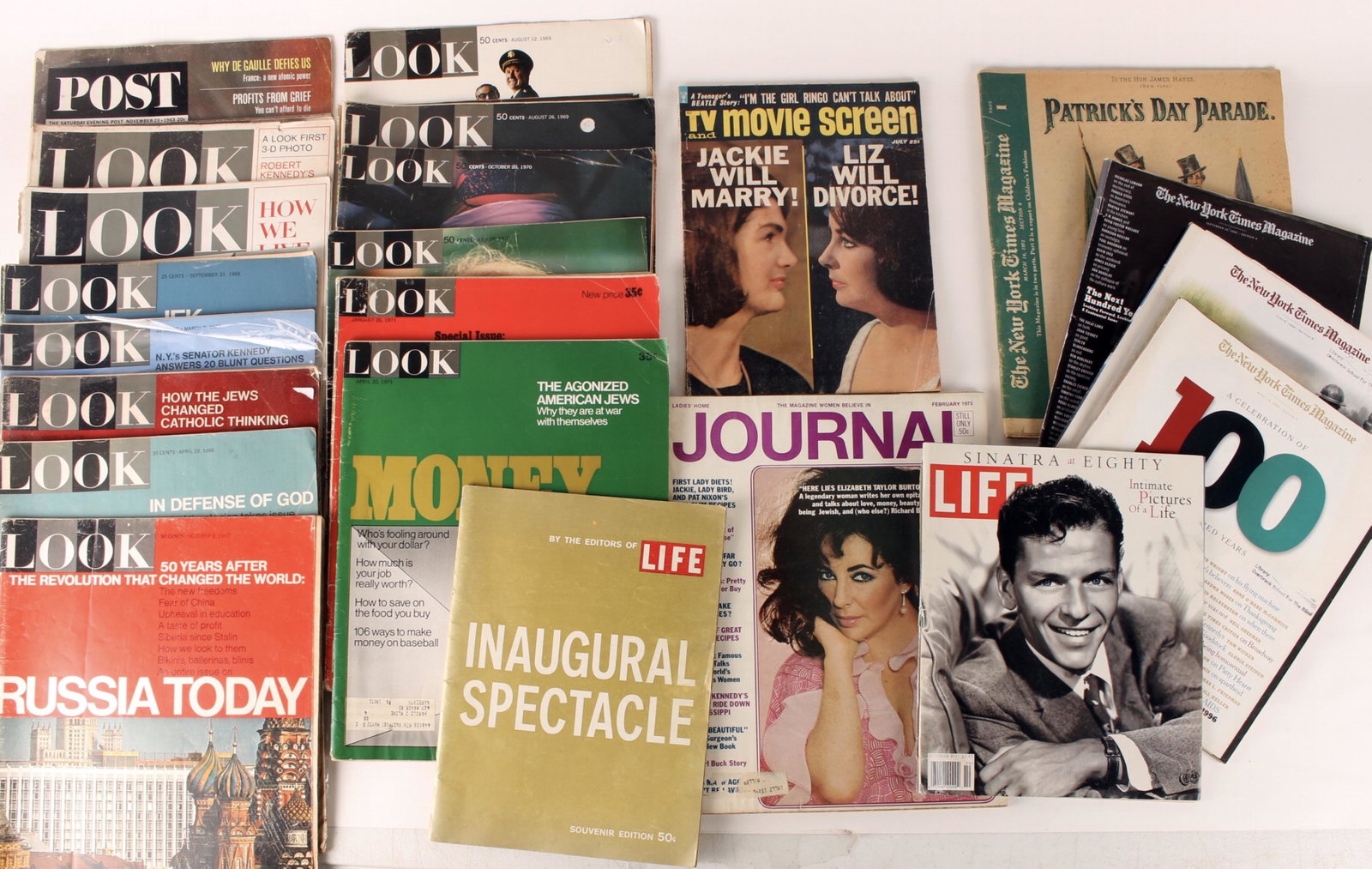 ASSORTED MAGAZINE LOT 1960S-70S: POST, LOOK, New York Times Magazines, Ladies Home Journal, LIFE magazine 1995 Sinatra at Eighty issue (back cover loose). $40 - $80 Please contact us for high resolution images of this lot. Shipping: