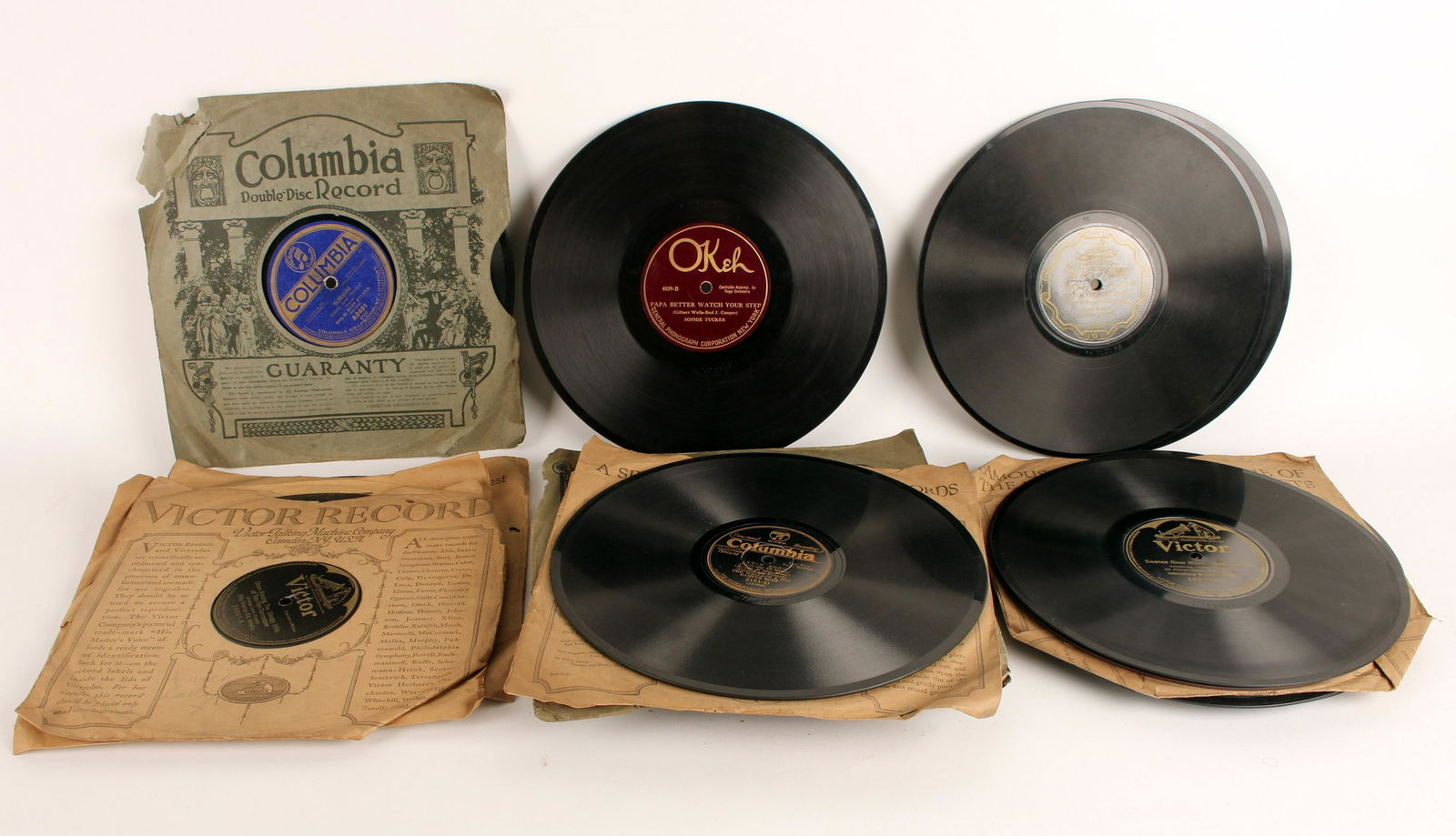 OLD 78 RECORDS INCLUDING SOPHIE TUCKER: This lot includes Sophie Tucker singing Old King Tut and Better Watch Your Step. $40 - $80 Please contact us for high resolution images of this lot. Shipping: We are able to pack and ship t