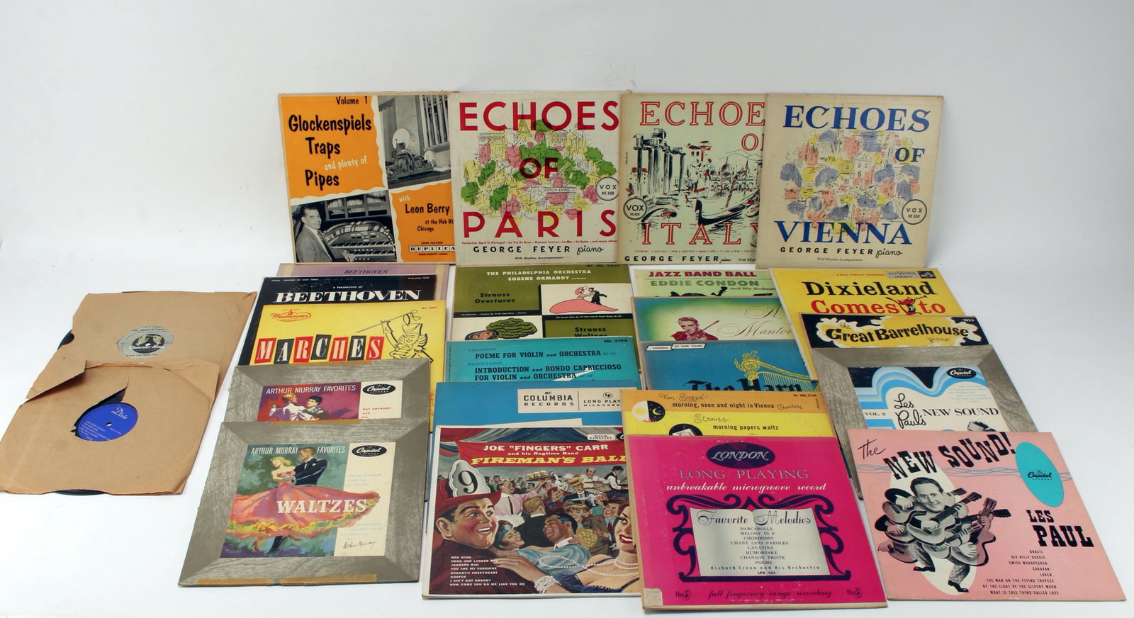 CLASSICAL & JAZZ RECORDS, LES PAUL, DIXILAND: 24 records including classical, jazz, piano... 2 records not in covers. $20 - $40 Please contact us for high resolution images of this lot. Shipping: We are able to pack and ship this it