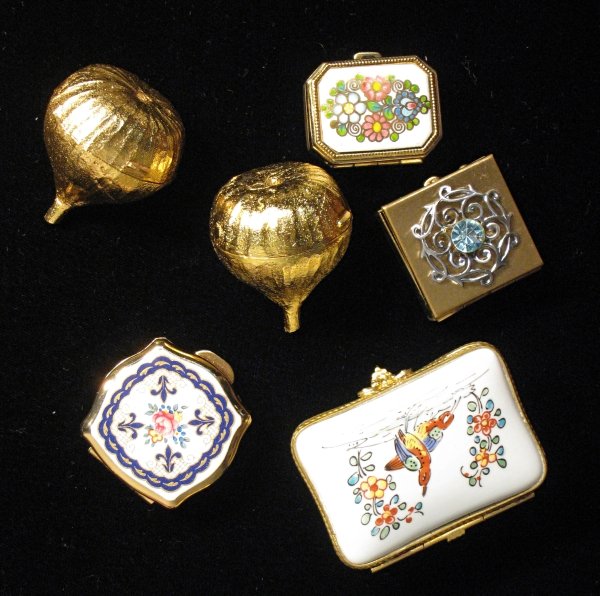 A collection of six pill or patch boxes: A collection of six pill or patch boxes, including one marked Chantilly.