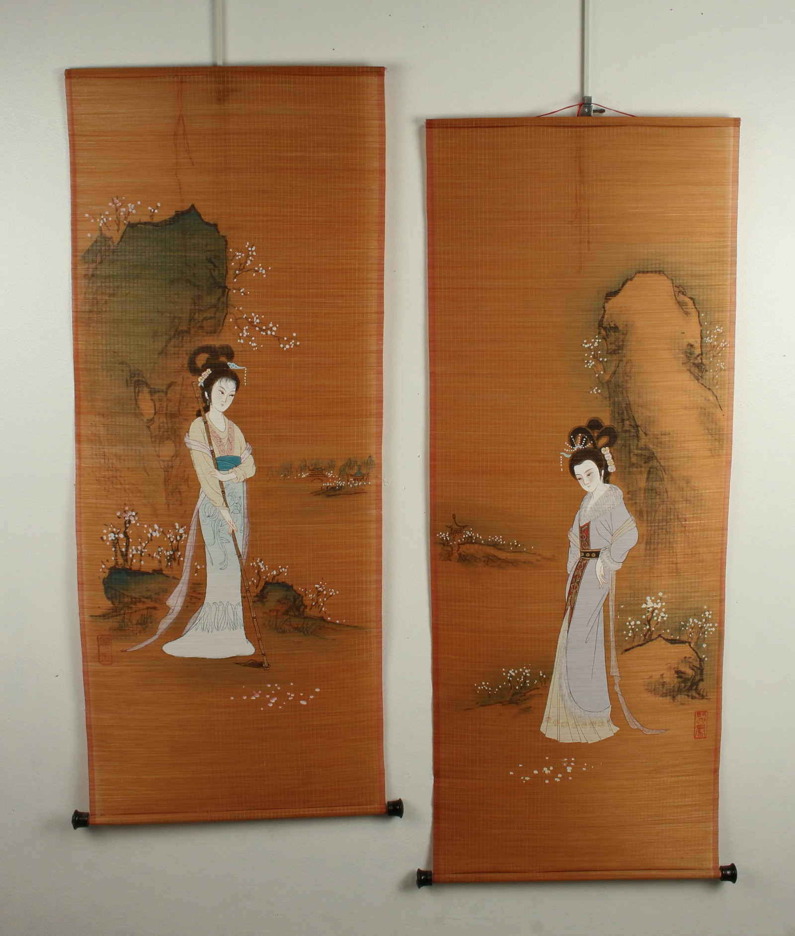 PAIR SCROLLS OF BEAUTIES IN A GARDEN: Painted on woven fiber. Rolled for shipping. 17 1/2" $40 - $80 Please contact us for high resolution images of this lot. Shipping: We are able to pack and shi
