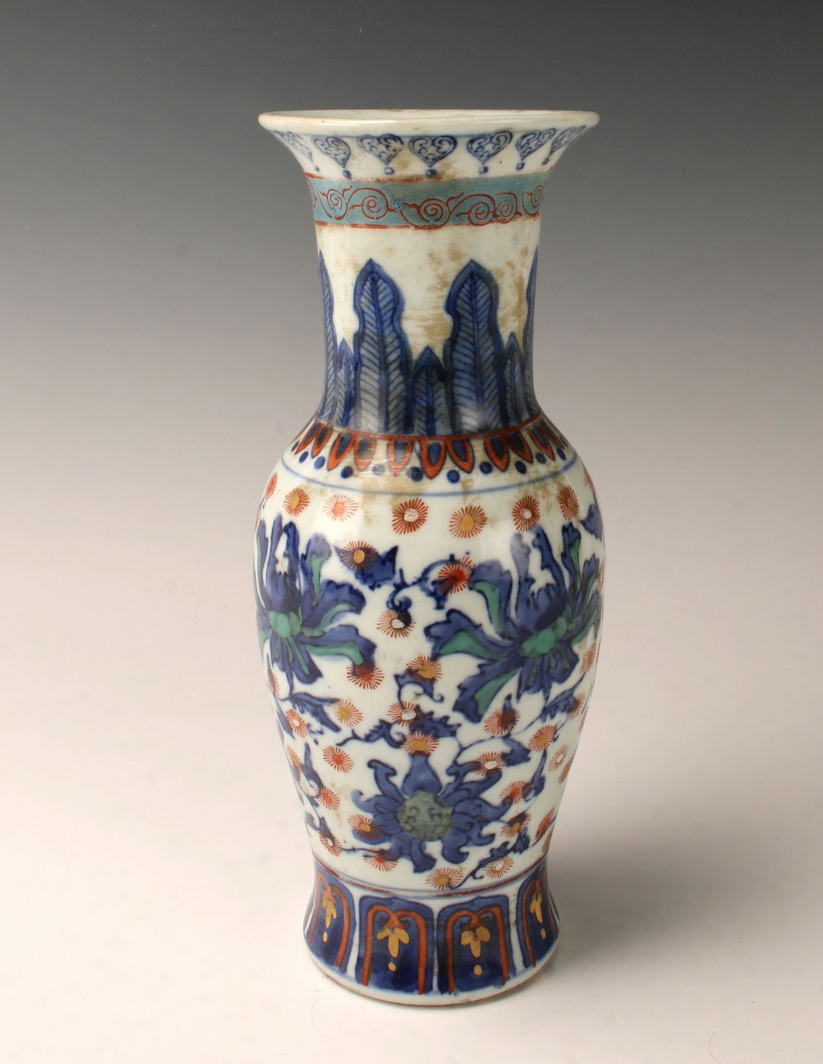 BLUE & WHITE VASE WITH RED & GOLD ACCENTS (1 of 3)