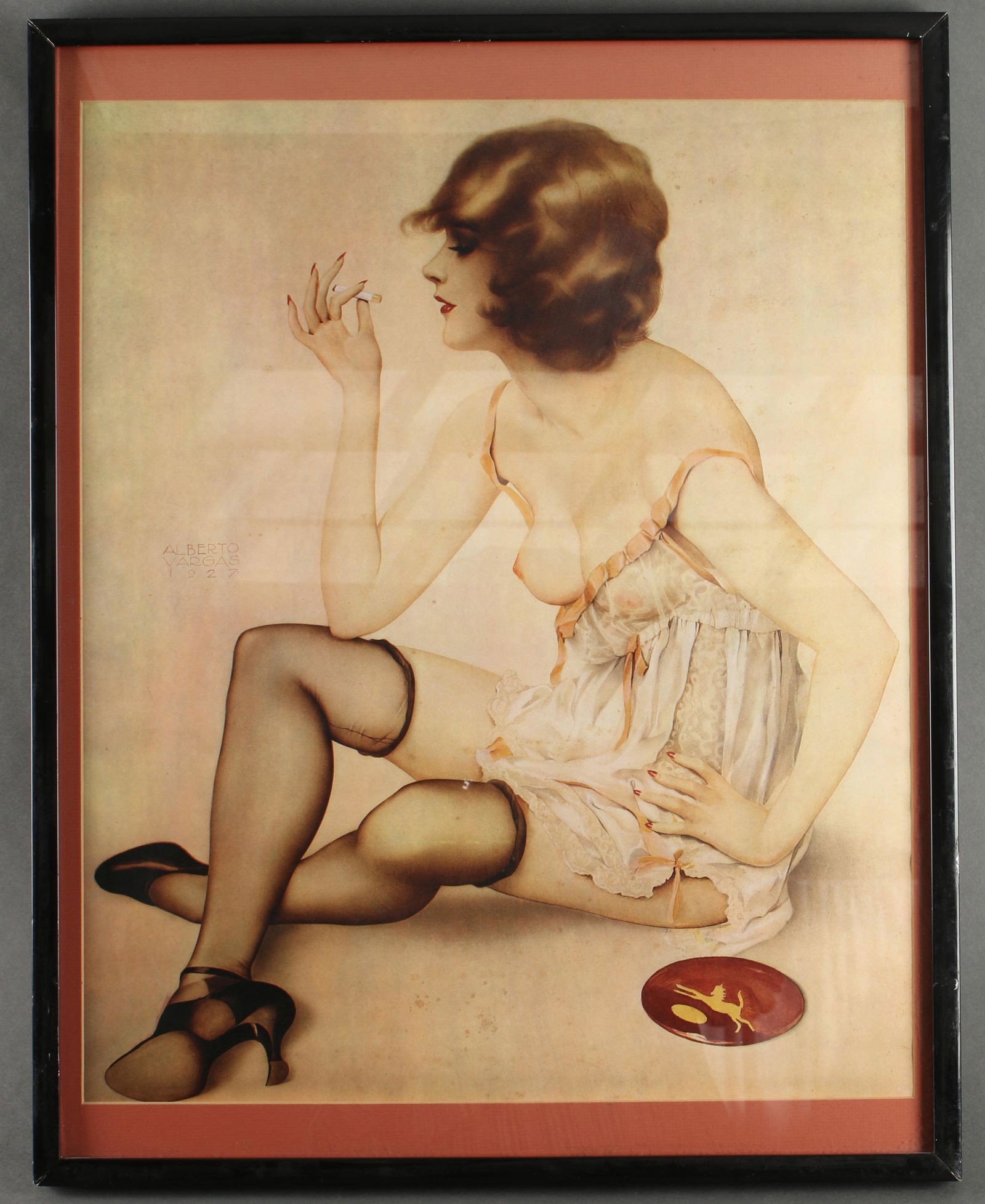 VARGAS WOMAN SMOKING CIGARETTE PRINT 1927: A woman is sitting in a negligé smoking a cigarette. Alberto Vargas 1927 on left. Very stylish! 18 1/2" X 23 1/2" $40 - $80 Please contact us for high resolution images of this