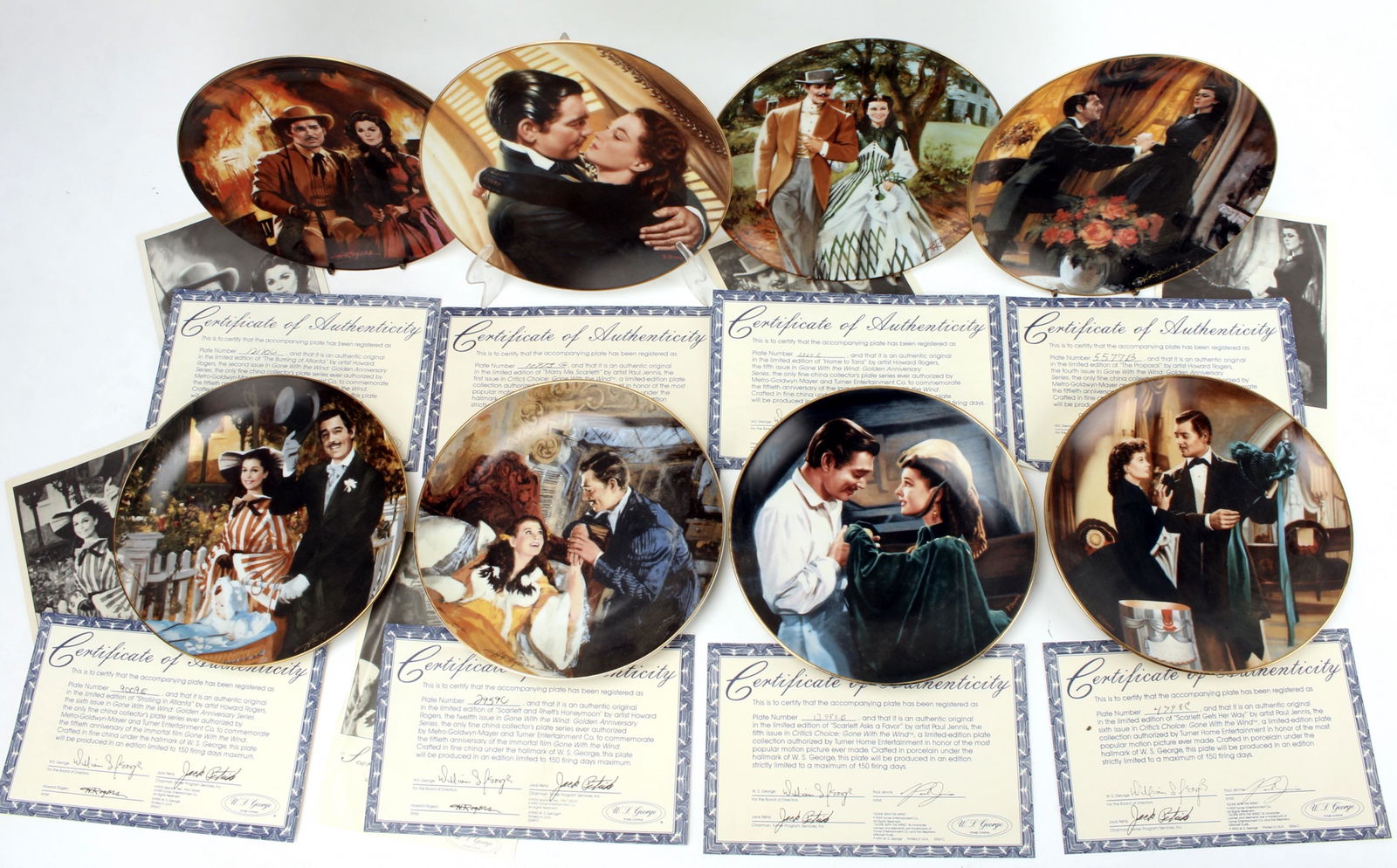 8 COMMEMORATIVE GONE WITH THE WIND PLATES: Eight decorative plates depicting scenes from Gone With The Wind. All with certificates of authenticity. 10" X 10 1/2" $40 - $80 Please contact us for high resolution images of this lo