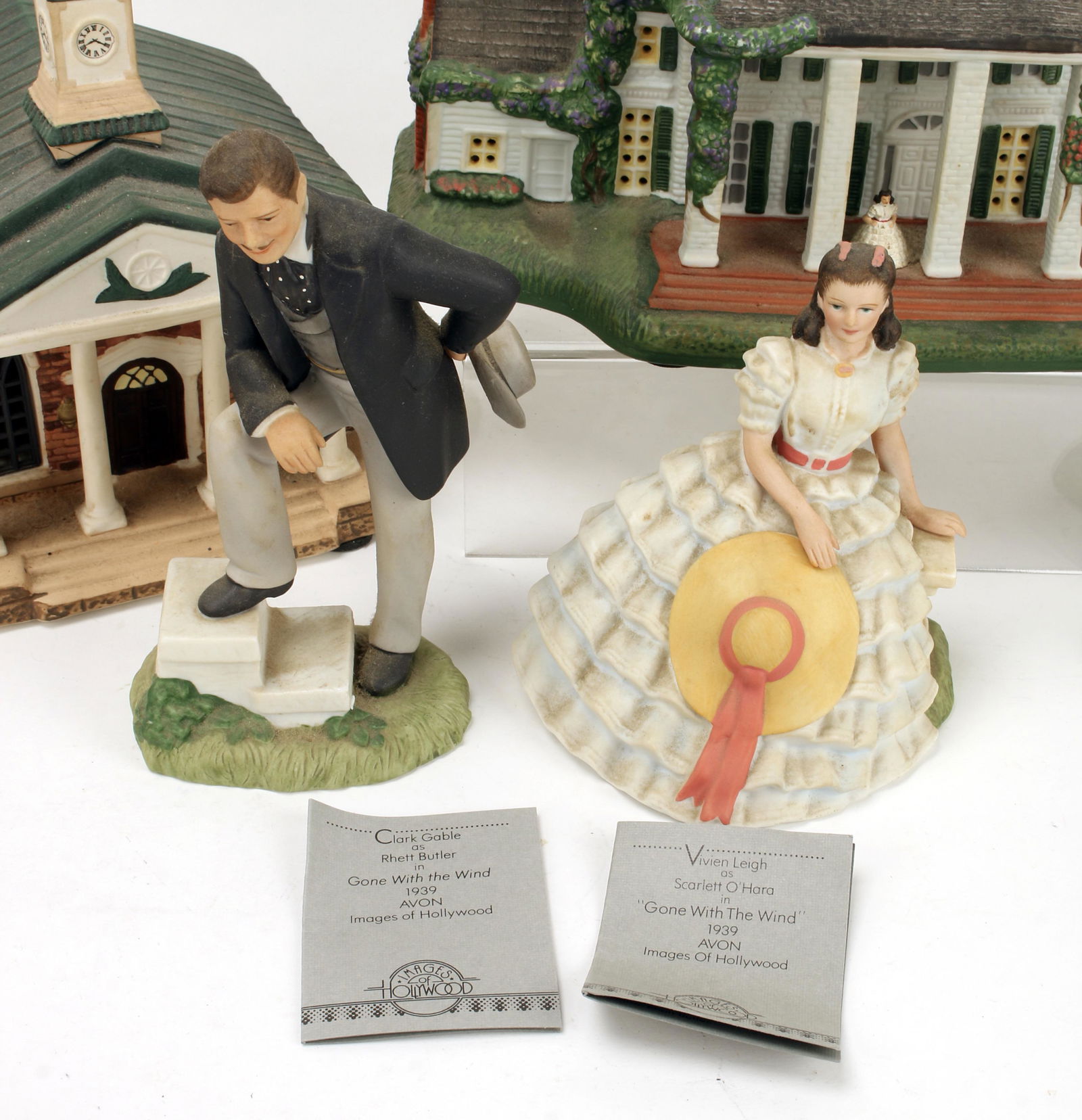 GONE WITH THE WIND COLLECTION BUILDINGS & FIGURES: Atlanta Church No 4589A, Tara No 3435A, Twelve Oaks No 1271A, Red Horse Saloon No 1747A in box, Scarlett O'Hara in box, Rhett Butler in box. Some labeled Hawthorne and Avon Images of Hollywood. 9&quo