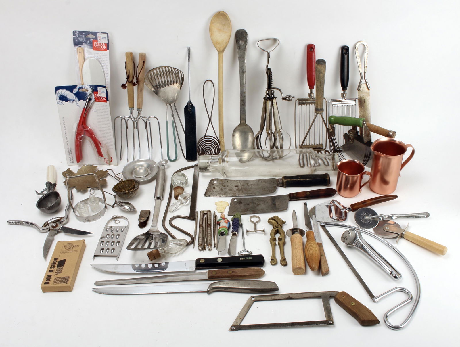 LARGE LOT VINTAGE KITCHEN TOOLS & GADGETS: Your vintage kitchen just got a lot cooler! Roll-rite glass rolling pin, various wooden handled tools including pastry cutters, cleavers (large one marked McLean, Black & Co Boston), knives (Gerbe