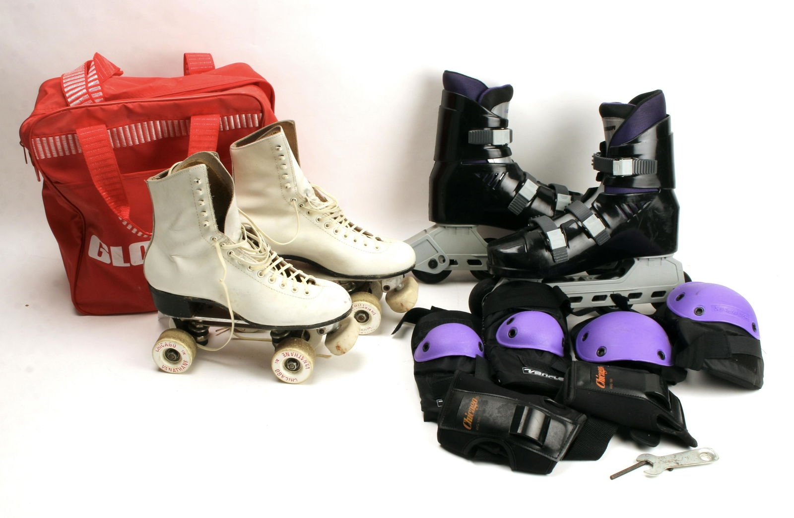ROLLER SKATES AND ROLLER BLADES IN CARRYING BAGS: Variflex roller blades 11" from toe to heel with with junior size pads, in Rollarama Skating Center bag and Chicago Custom roller skates size 6 $40 - $80 Please contact us for high resolution ima